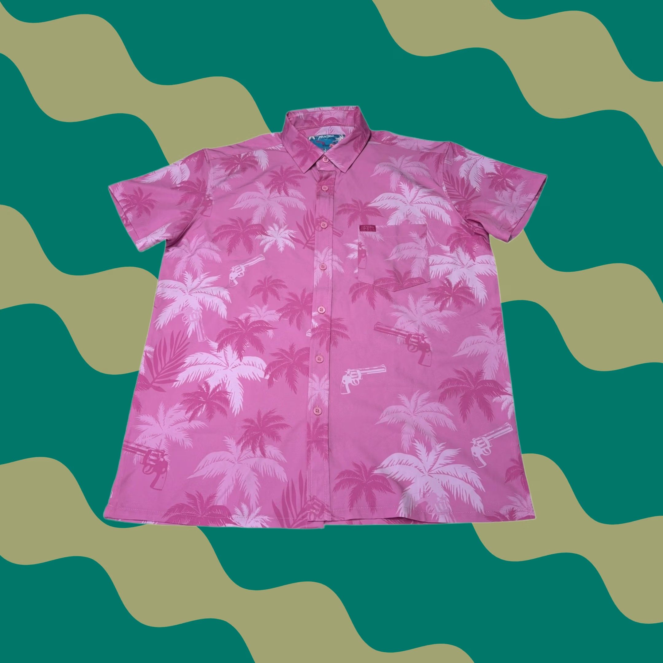 Vintage Retro Rifle Vice City Pink Palm Tree Revolver Button-Down Shirt Mens L Size US L / EU 52-54 / 3 - 1 Thumbnail