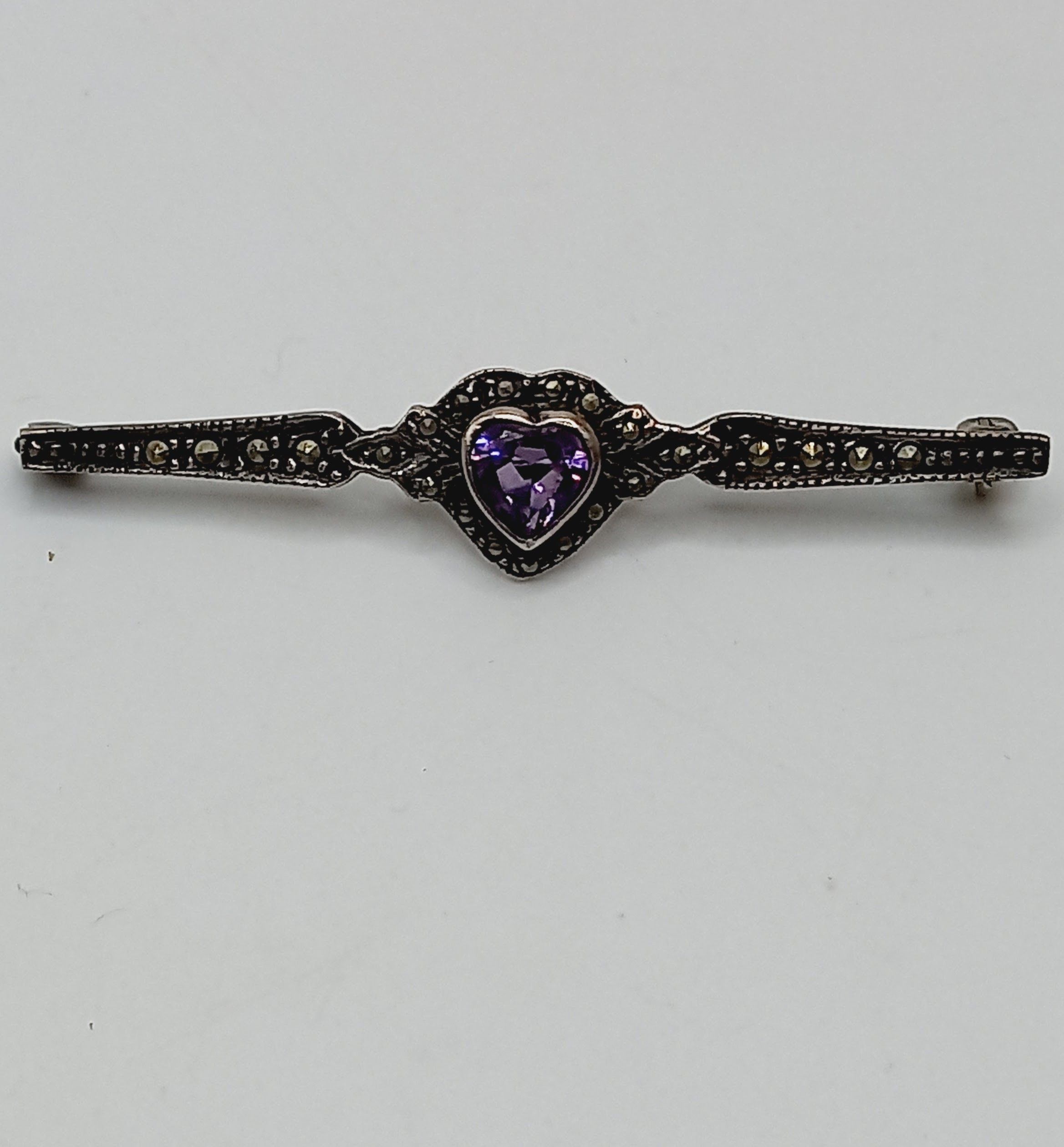 Sterling Silver Marcasite brooch with Amethyst Heart Sterling Silver Size ONE SIZE - 5 Thumbnail