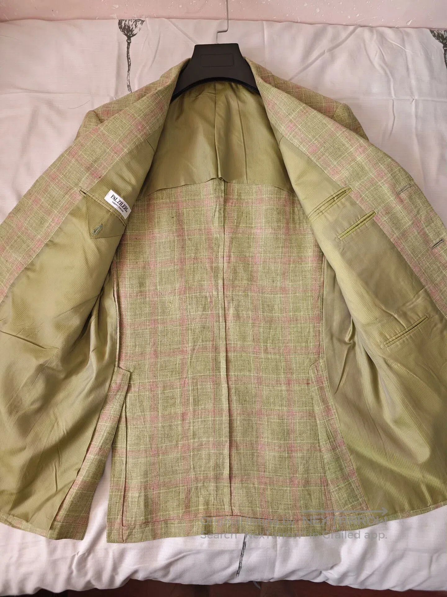 Pal Zileri Italian Green Linen Blazer with Pink Check. Size US M / EU 48-50 / 2 - 6 Thumbnail