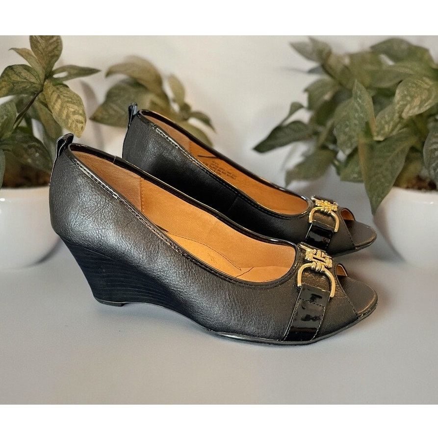 The Unbranded Brand Sofft Shoes Black Wedge Heels Leather Slip-On Heel Sz 6.5 M Size US 6.5 / IT 36.5 - 1 Thumbnail
