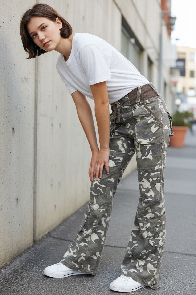 Japanese Brand HOLYFLARE🔥LUCCICA Stretchy Flare Leg Khaki Camo Drawstring Size 30" / US 8 / IT 44 - 1 Thumbnail
