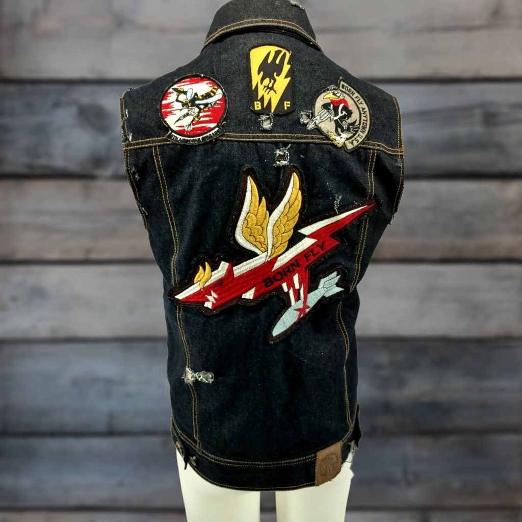 Born Born Fly Blue Denim Distressed Patch Pockets Jean Vest Men's Medium Size US 31 - 1 Thumbnail