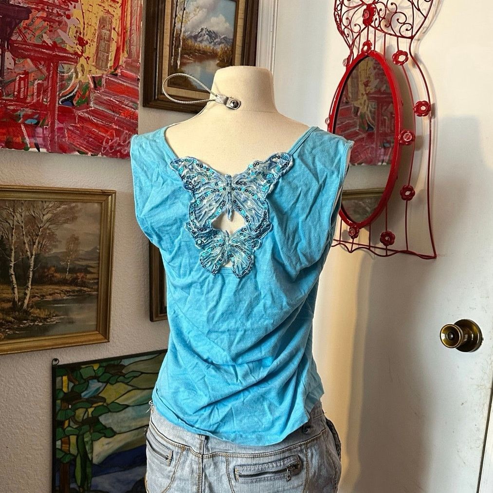 Other no brand butterfly lace blue tank top Size XL / US 12-14 / IT 48-50 - 1 Thumbnail