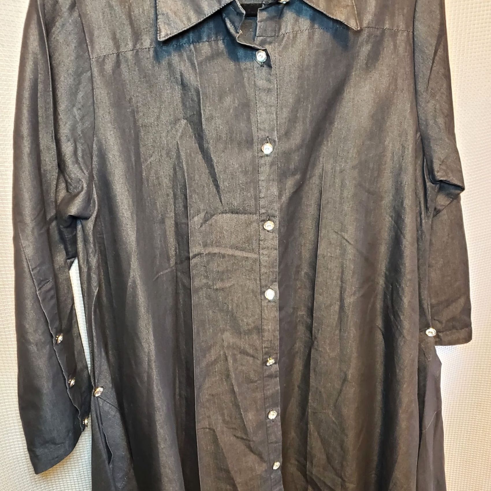 Denime Womens Chambray Denim Button Front Dress Black Pockets Hi-Lo Rhinestone Buttons Size L / US 10 / IT 46 - 4 Thumbnail