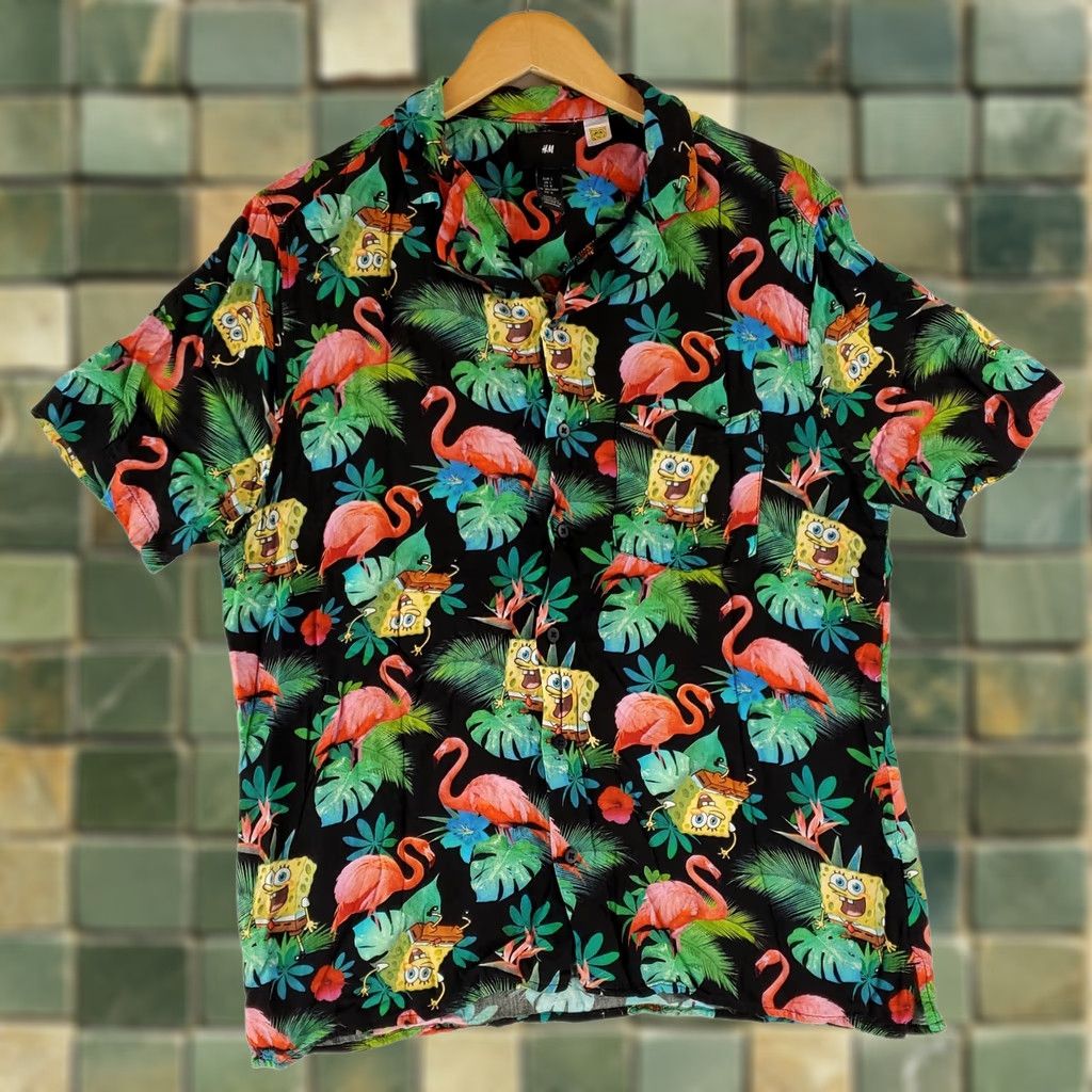 H&M H&M Shirt Mens L Hawaiian SpongeBob SquarePants Pink Flamingos Rayon Black Multicolor Long Sleeve Short Sleeve (Note: original has short sleeves) Size US L / EU 52-54 / 3 - 1 Thumbnail