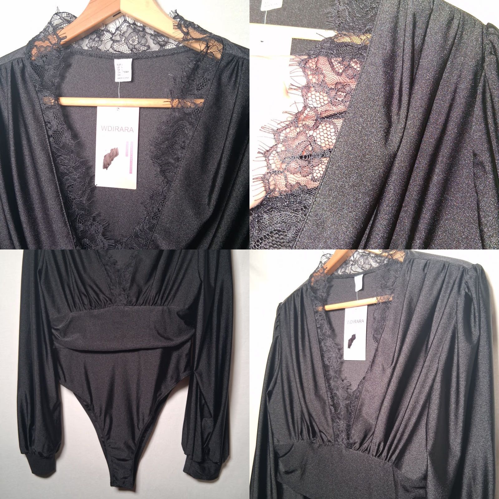 Vintage WDIRARA Bodysuit Women L Black Long Sleeve V-Neck Lace Trim Stretch NEW Size L / US 10 / IT 46 - 8 Thumbnail
