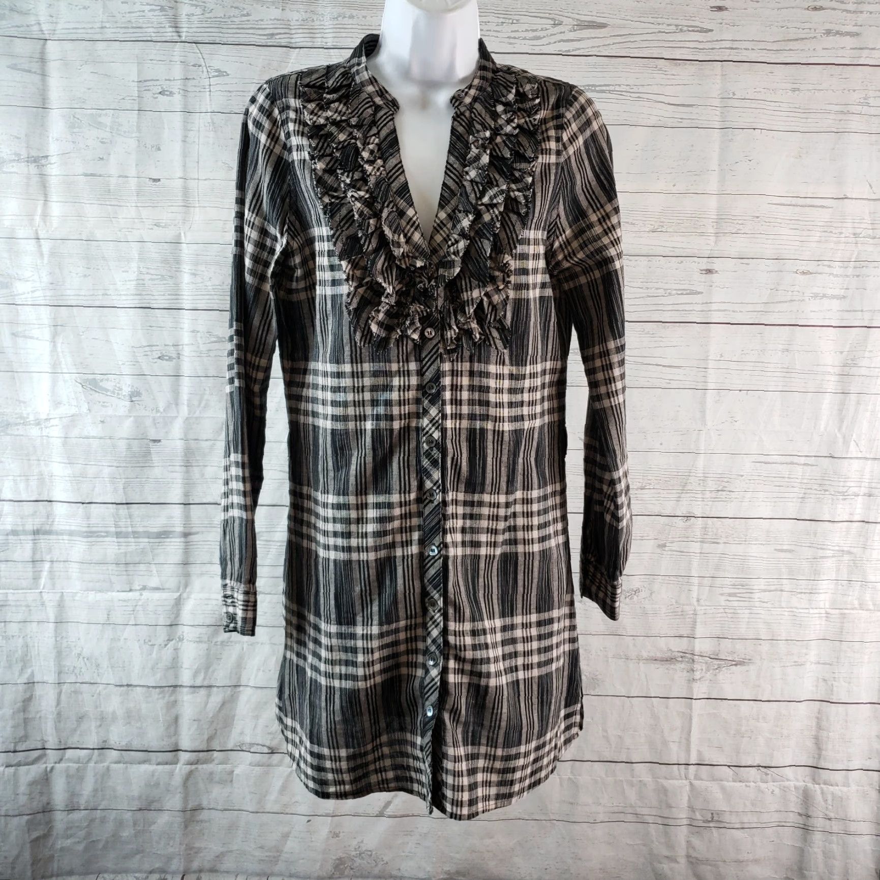 Joie VINTAGE Joie Womens Button Front Dress Sz Small Black Gray Plaid Ruffle Front Cotton Size S / US 4 / IT 40 - 2 Thumbnail