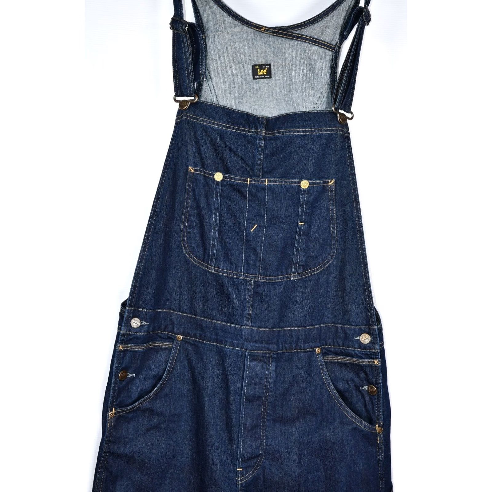 Lee Lee Bib Overalls Shirt Men L Dark Blue Denim Button Fly Pockets 100% Cotton Jeans 80cm Inseam Vintage? Size US 33 - 3 Thumbnail
