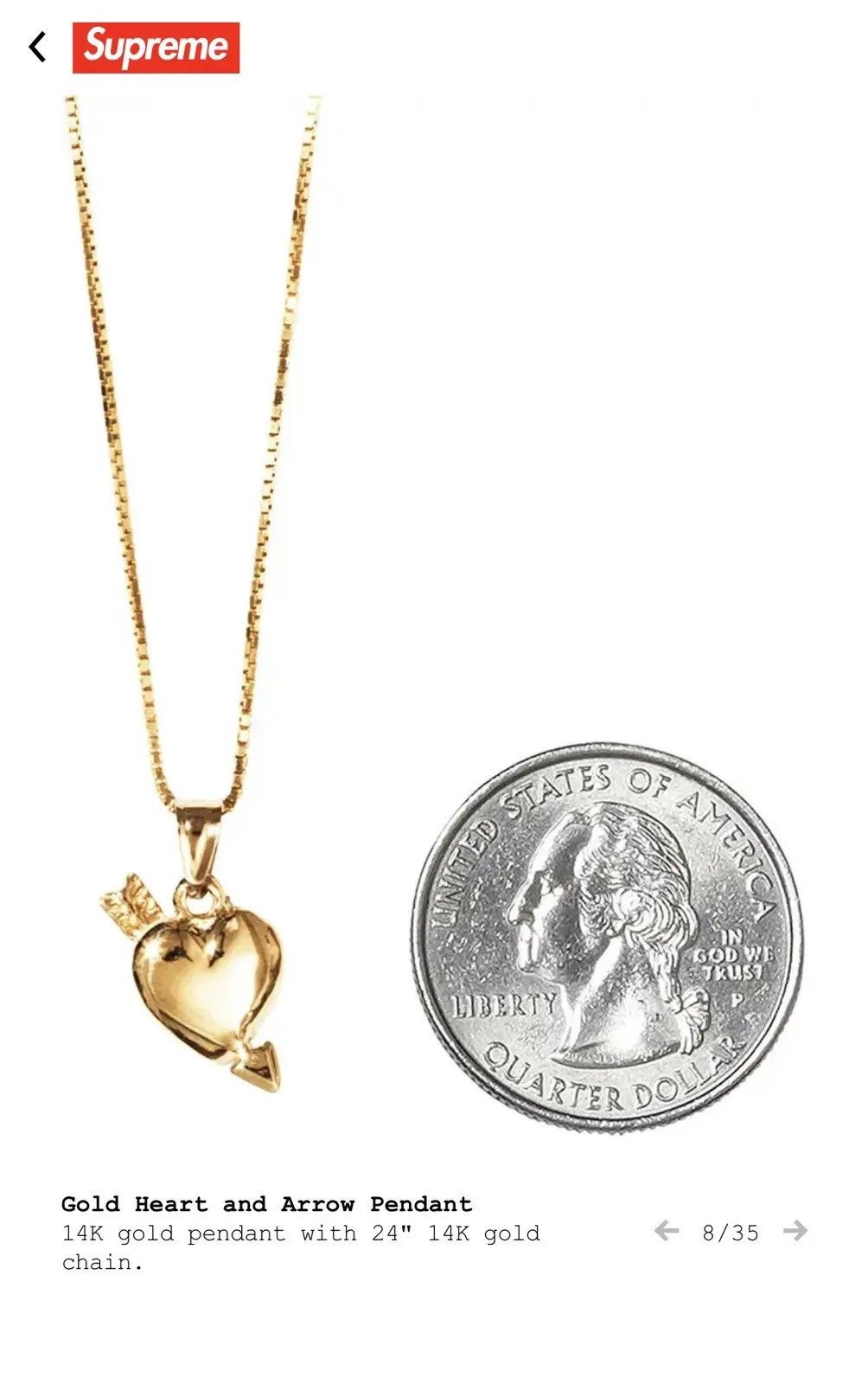 Arrow Pendant Supreme 14k Gold Pendant Supreme SS17 14K Gold Heart