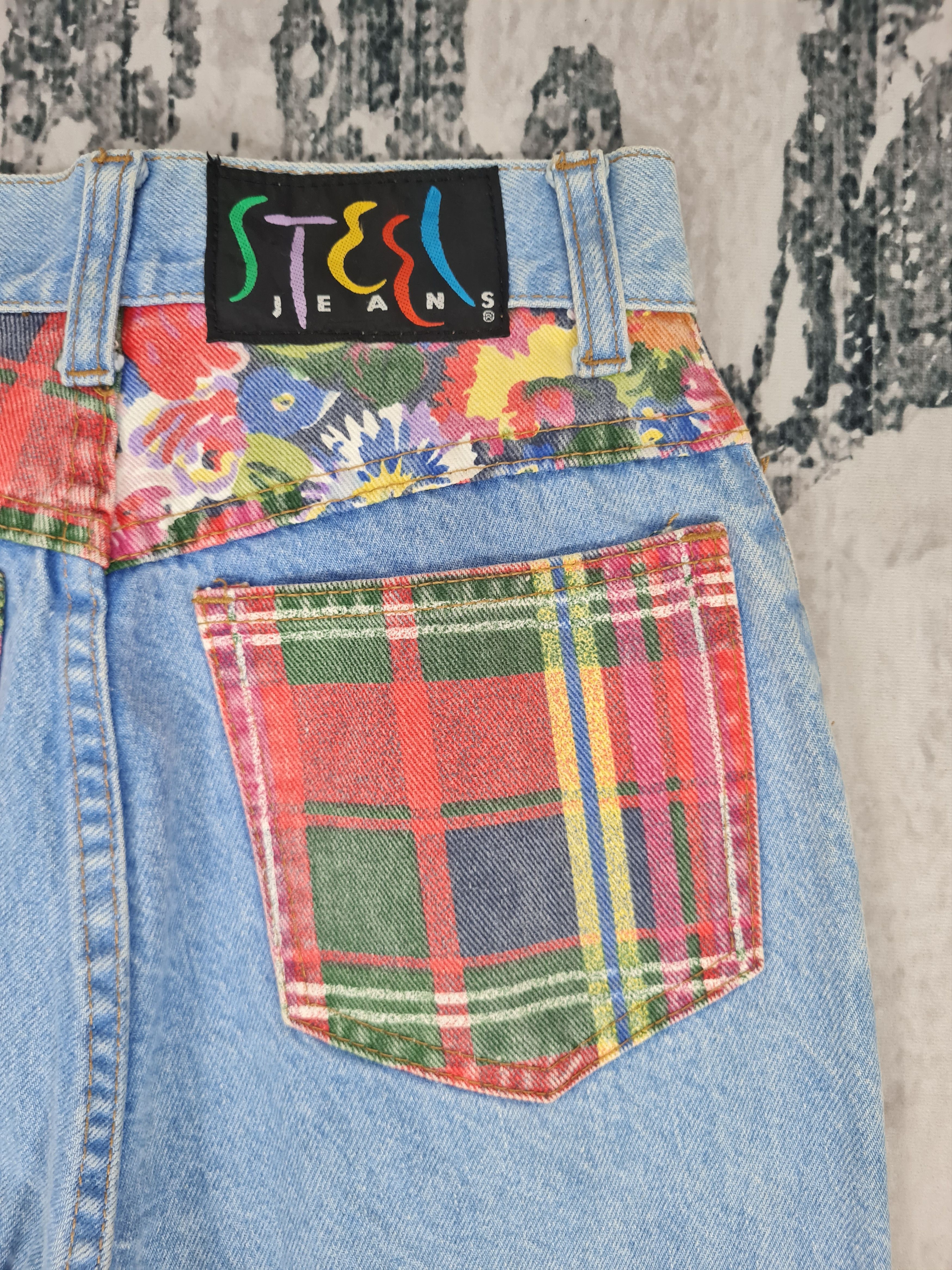 Vintage Vtg STEEL JEANS Flowers Checked Design Jeans 25x32 JB0147 Size 25" / US 0 / IT 36 - 8 Thumbnail