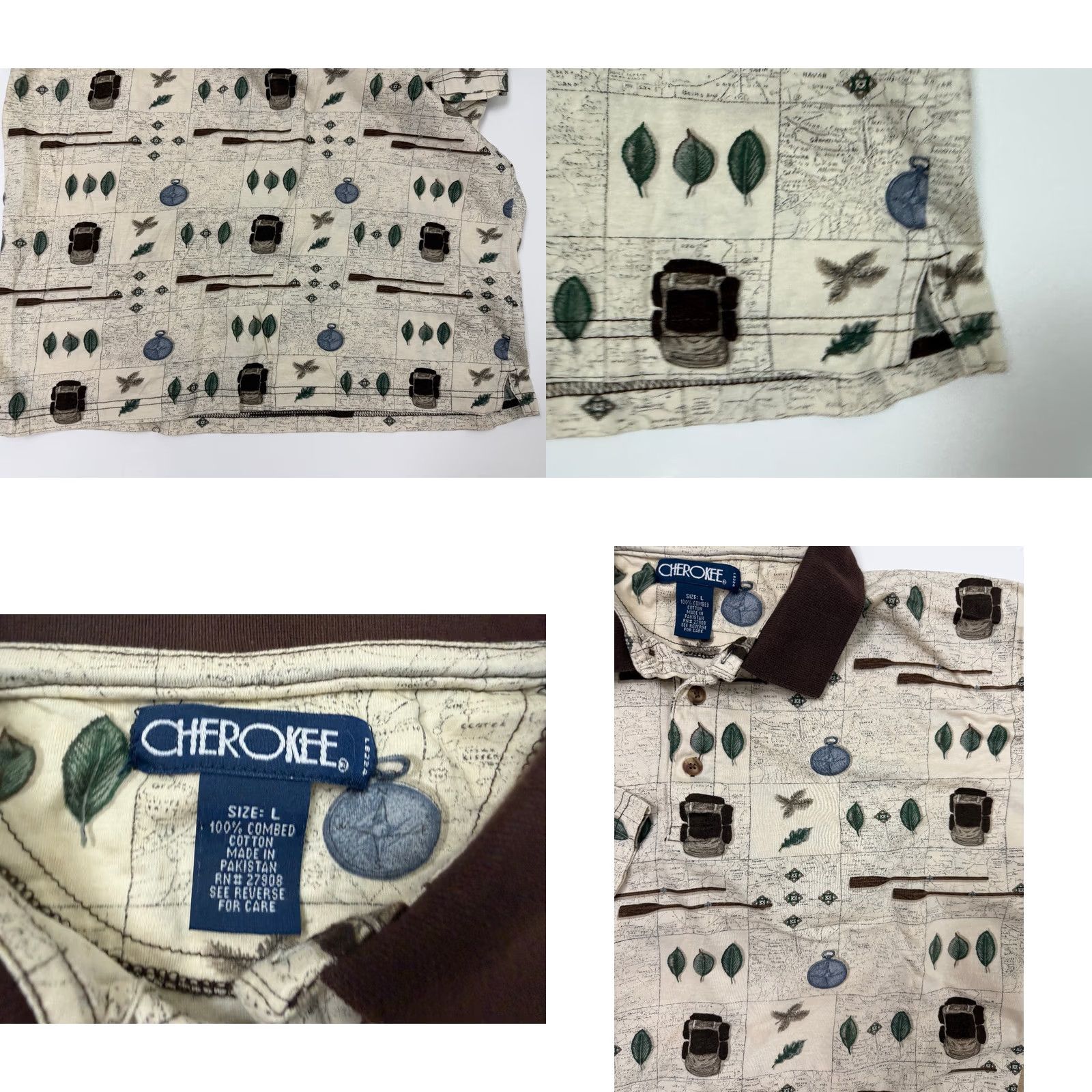 Cherokee VINTAGE Cherokee Polo Shirt Men L Beige Cotton 90s Nature Outdoor Hiking Map Graphic Print Polo Shirt Womens? Size US L / EU 52-54 / 3 - 9 Thumbnail