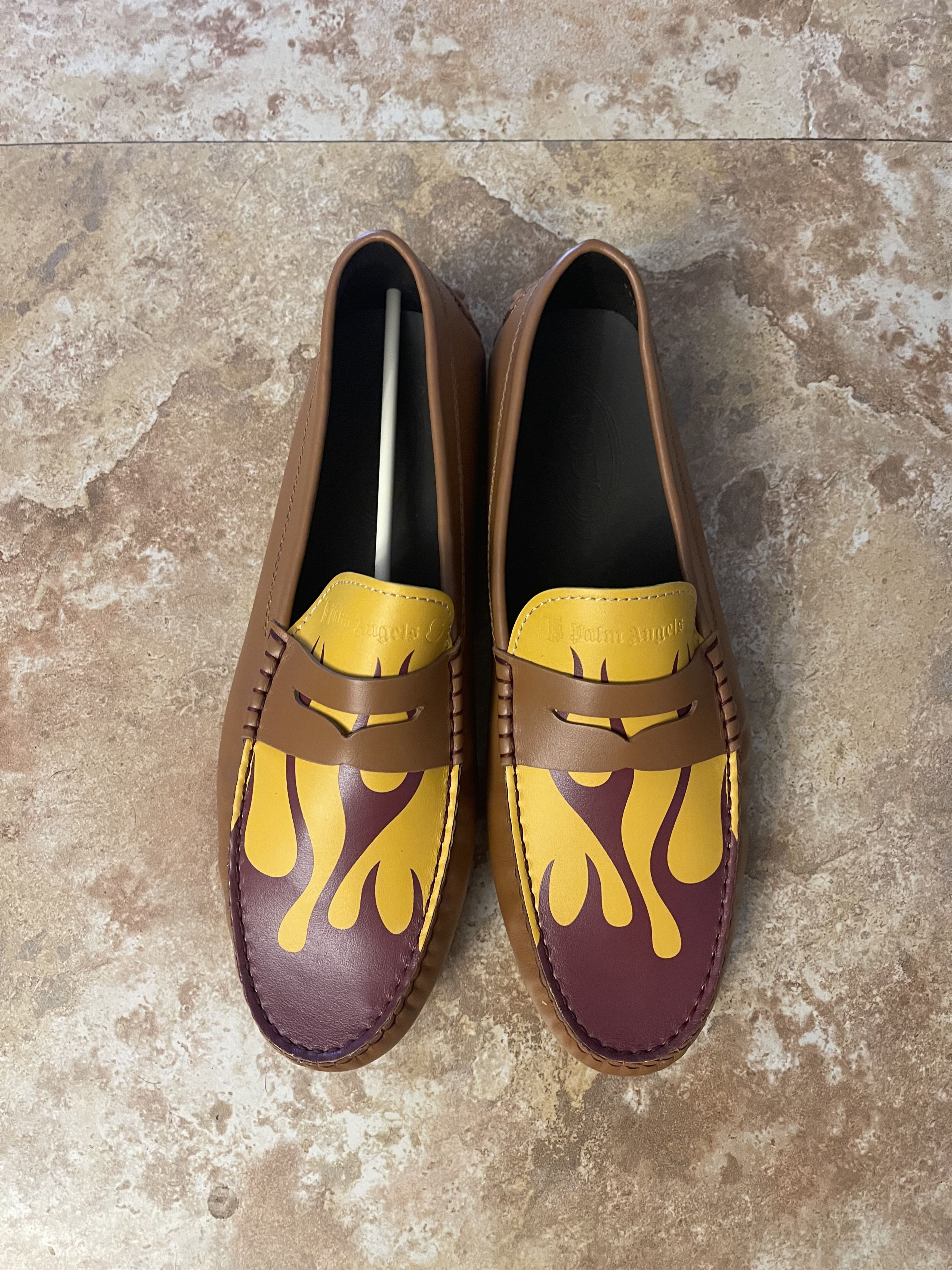 Palm Angels X Moncler X Tod\'s Brown Leather Loafers with Yellow Flame Detail Tod main image 4
