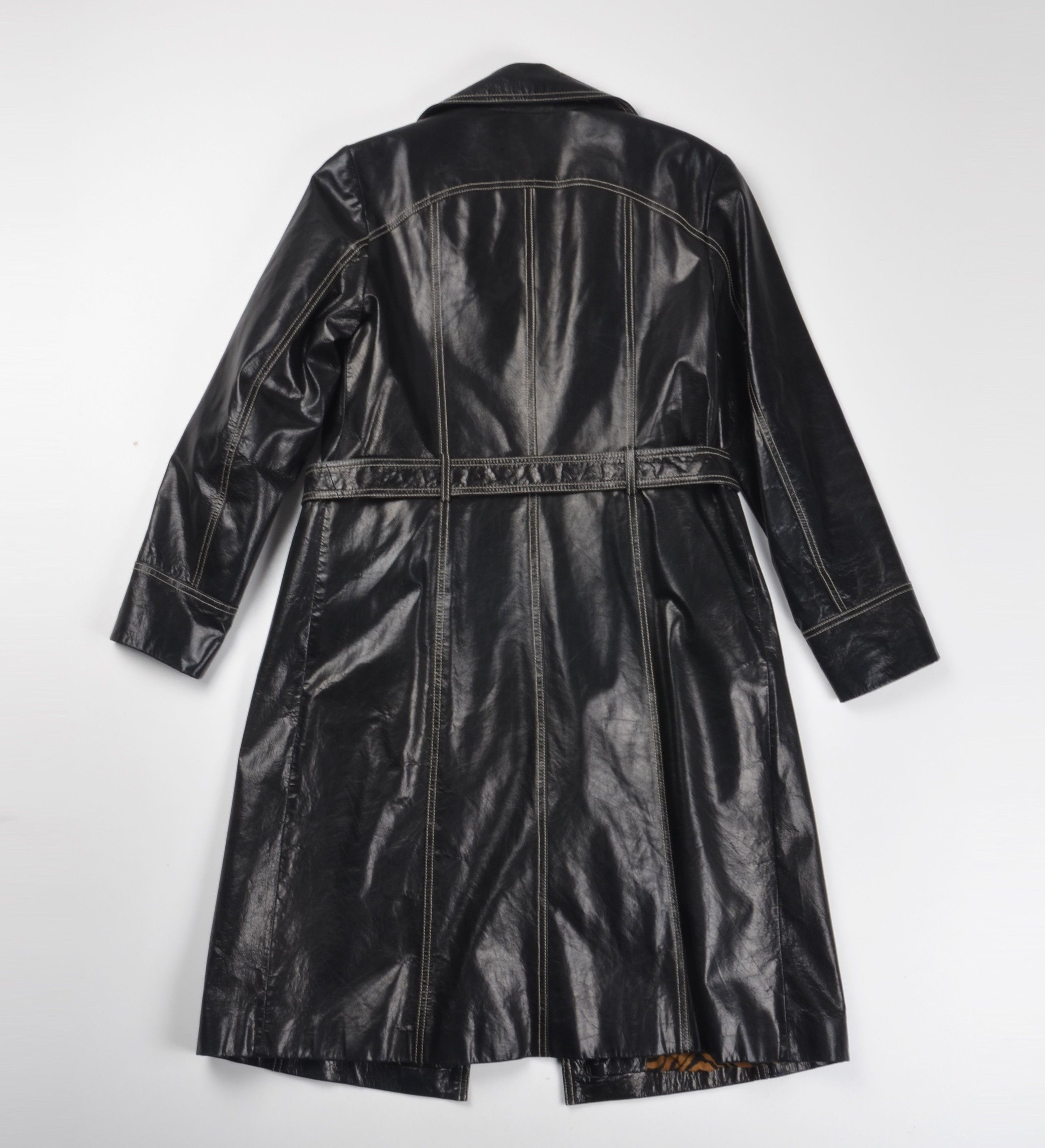 Leonard Paris Vintage Leonardo 90's Black Leather Tiger Lining Trench Coat Size XS / US 0-2 / IT 36-38 - 2 Thumbnail