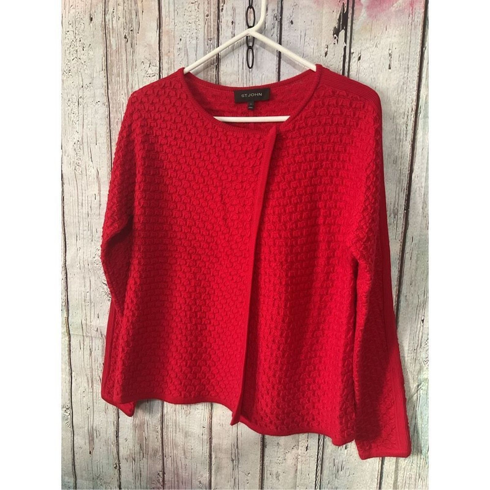 image of St John Couture St. John 100% Extra Fine Merino Wool Waffle Cardigan Size S in Red, Women's