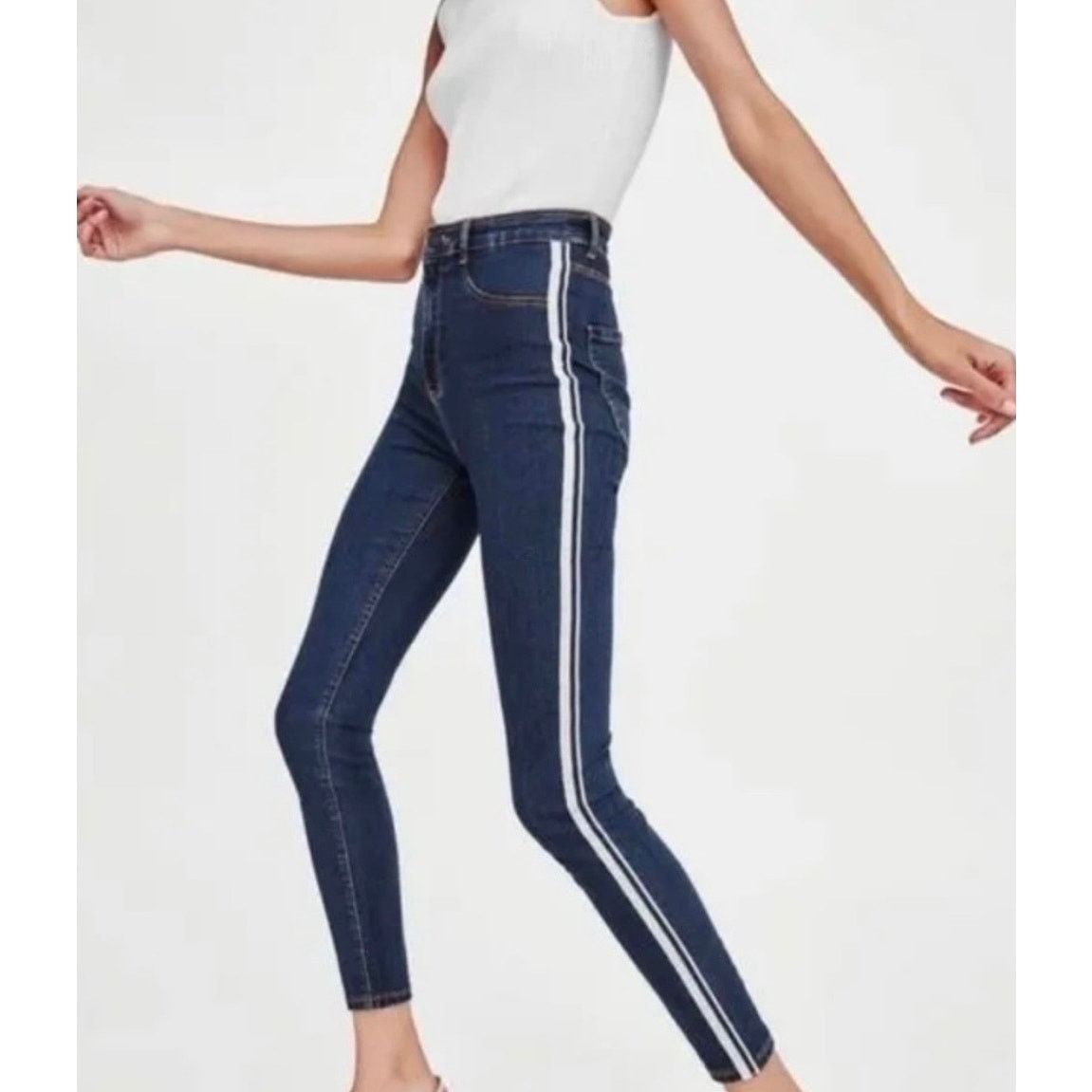 Zara Zara Trafaluc Striped High Rise Skinny Jeans 10 Blue Stretch Size 32" / US 10 / IT 46 - 2 Thumbnail