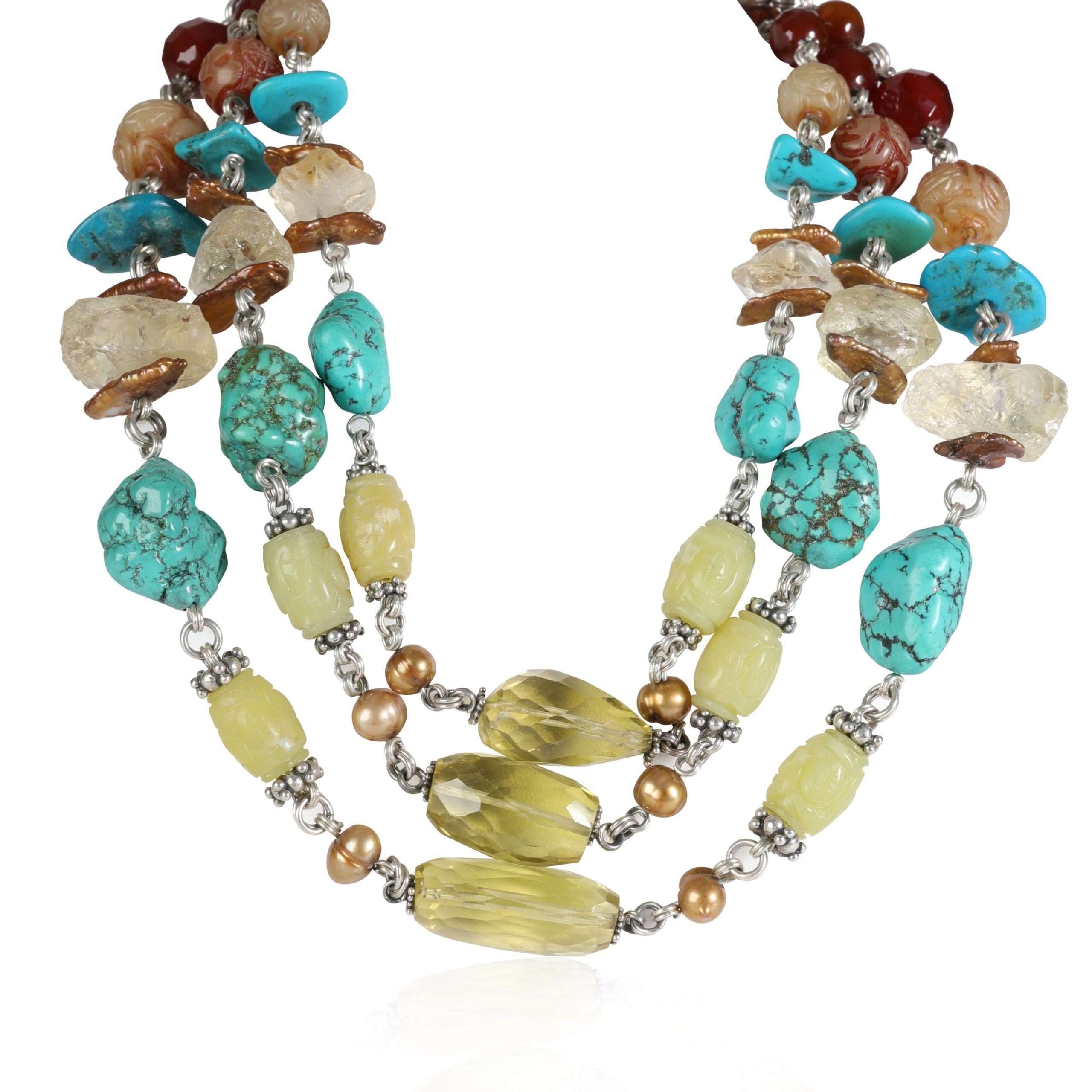 Stephen Dweck 3-Strand Multi Stone Necklace in Sterling Silver
