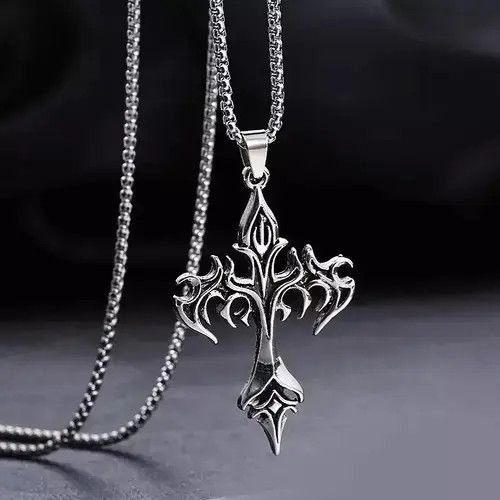 Other Vintage Flame Cross Pendant Necklace Long Chain Punk Goth Size ONE SIZE - 4 Thumbnail