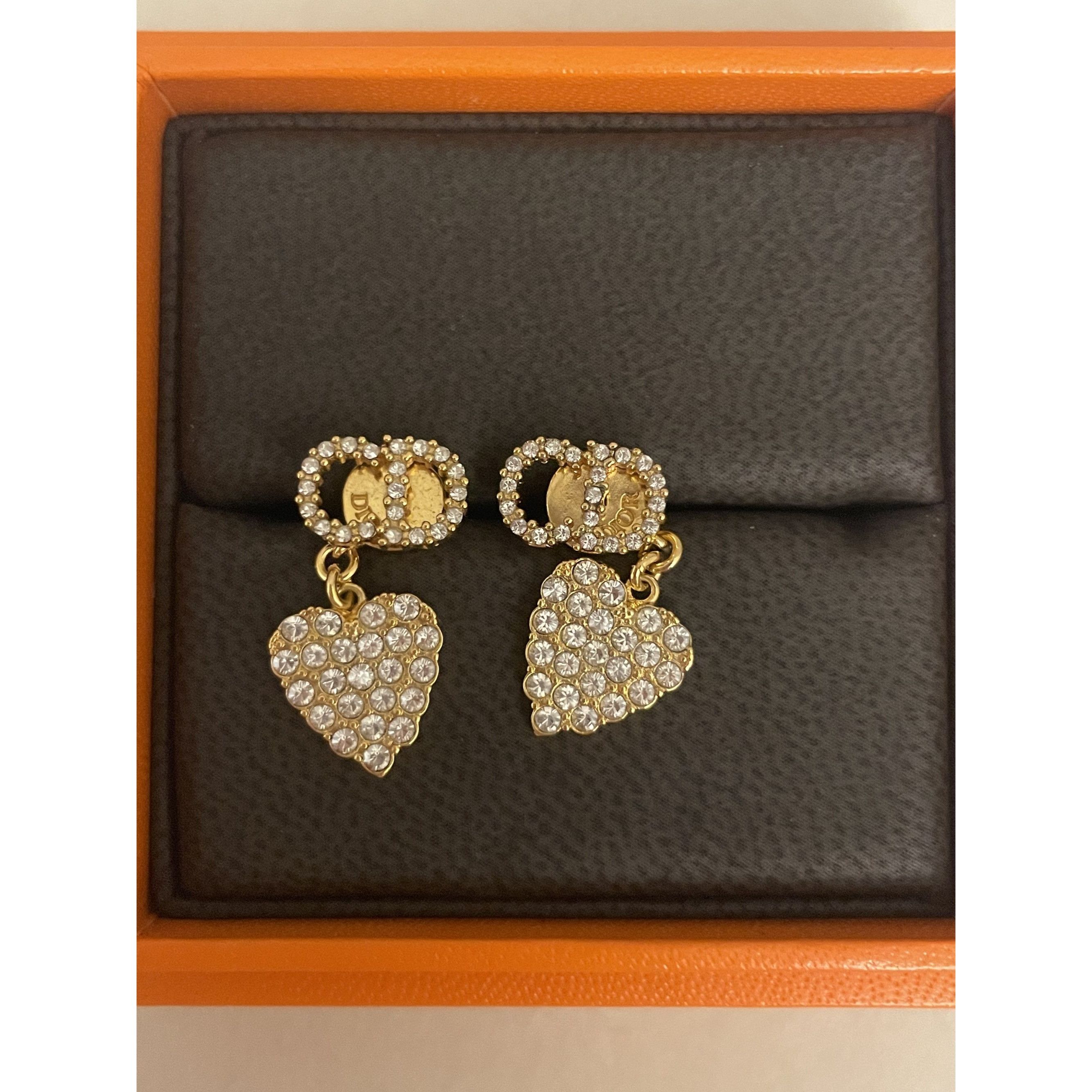 Dior Christian Dior Gold-Tone Heart Drop Earrings With Clear Crys Size ONE SIZE - 1 Thumbnail
