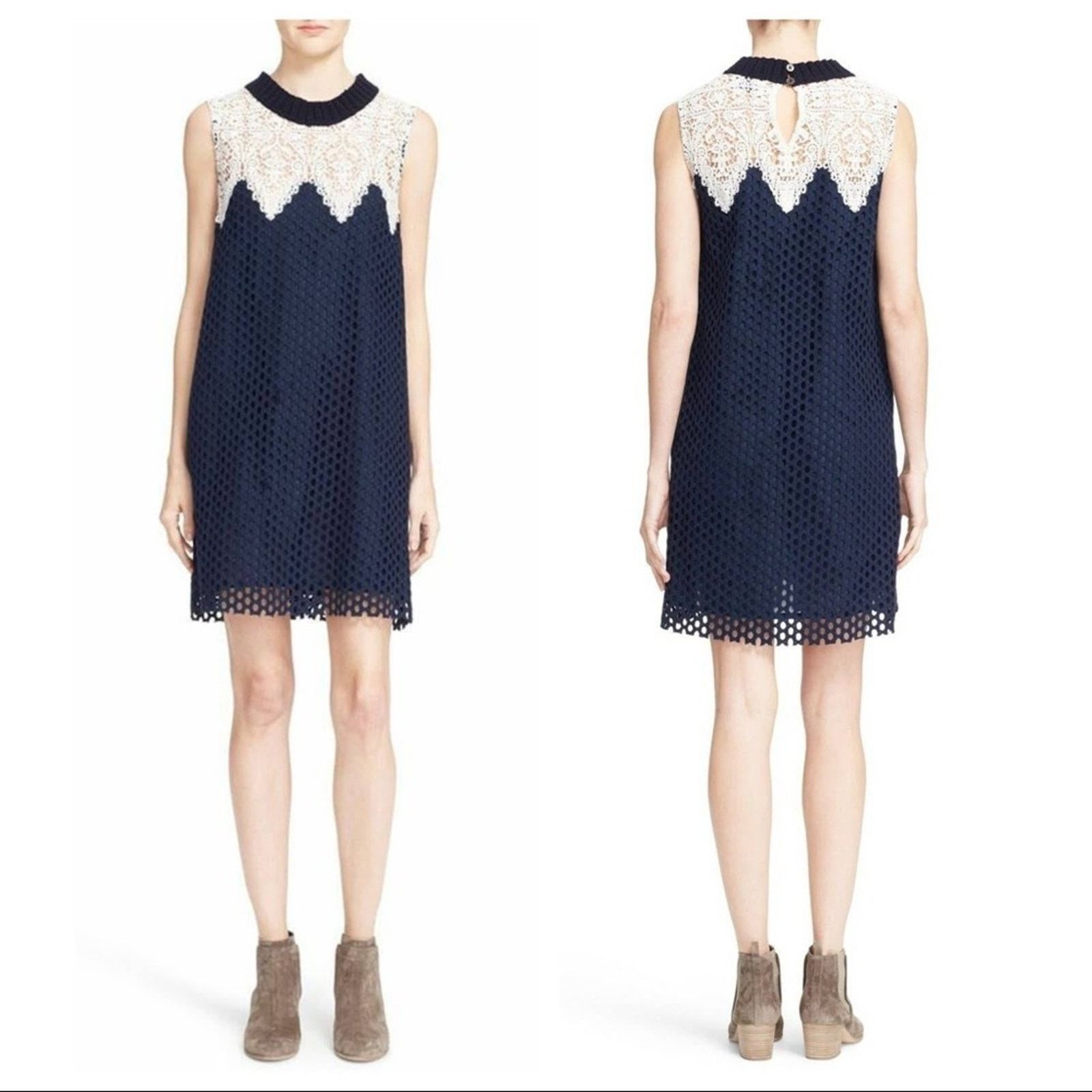 image of Sea New York Dress Guipure Lace Crotchet White Navy Shift 8 in Blue, Women's (Size Medium)