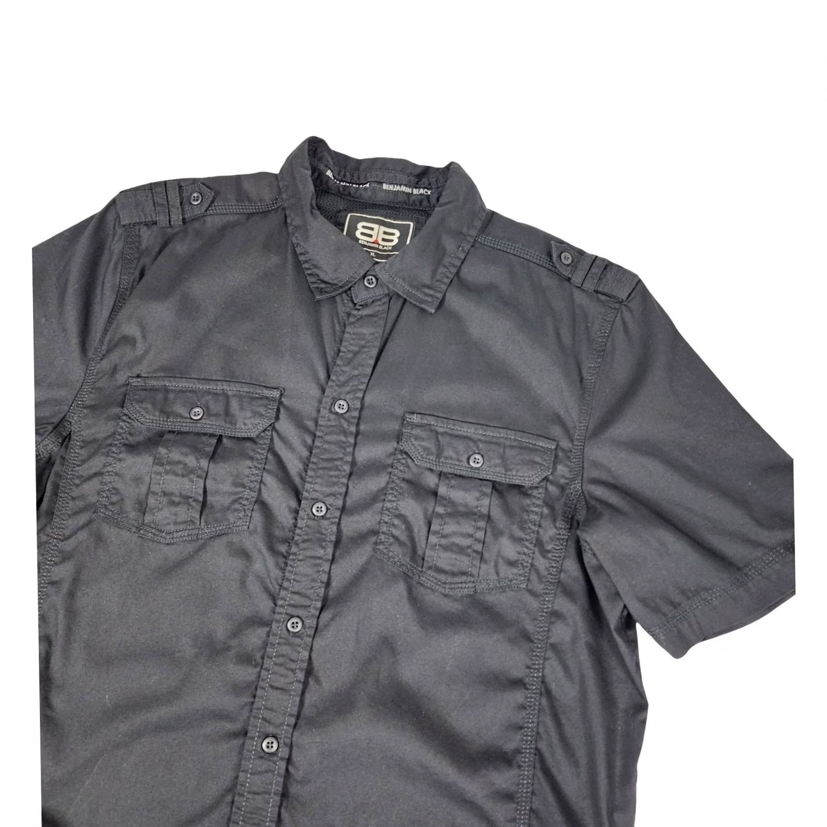 Vintage Benjamin Black Mens XL Black Short Sleeve Button-Up Shirt Utility Chest Pockets Epaulettes Straps Casual Workwear Size US XL / EU 56 / 4 - 2 Thumbnail