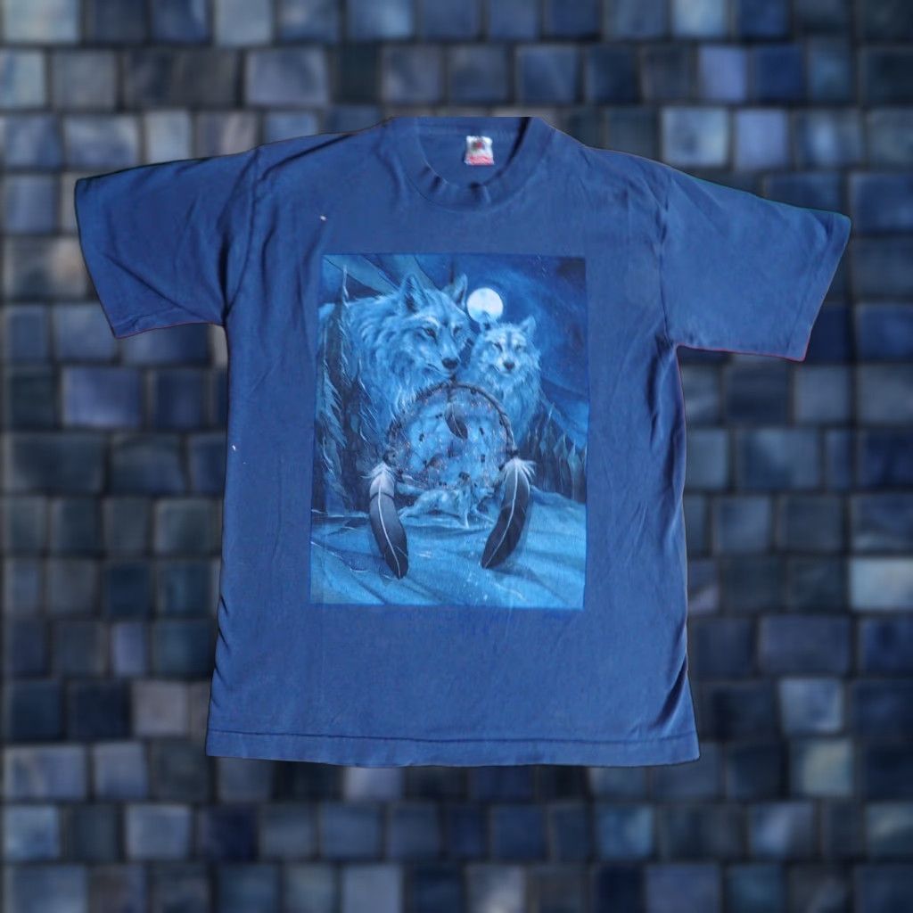 Fruit Of The Loom VTG 90s Fruit of the Loom Wolf Nature Animal Dreamcatcher Blue Tee T-Shirt Mens M Size US M / EU 48-50 / 2 - 1 Thumbnail