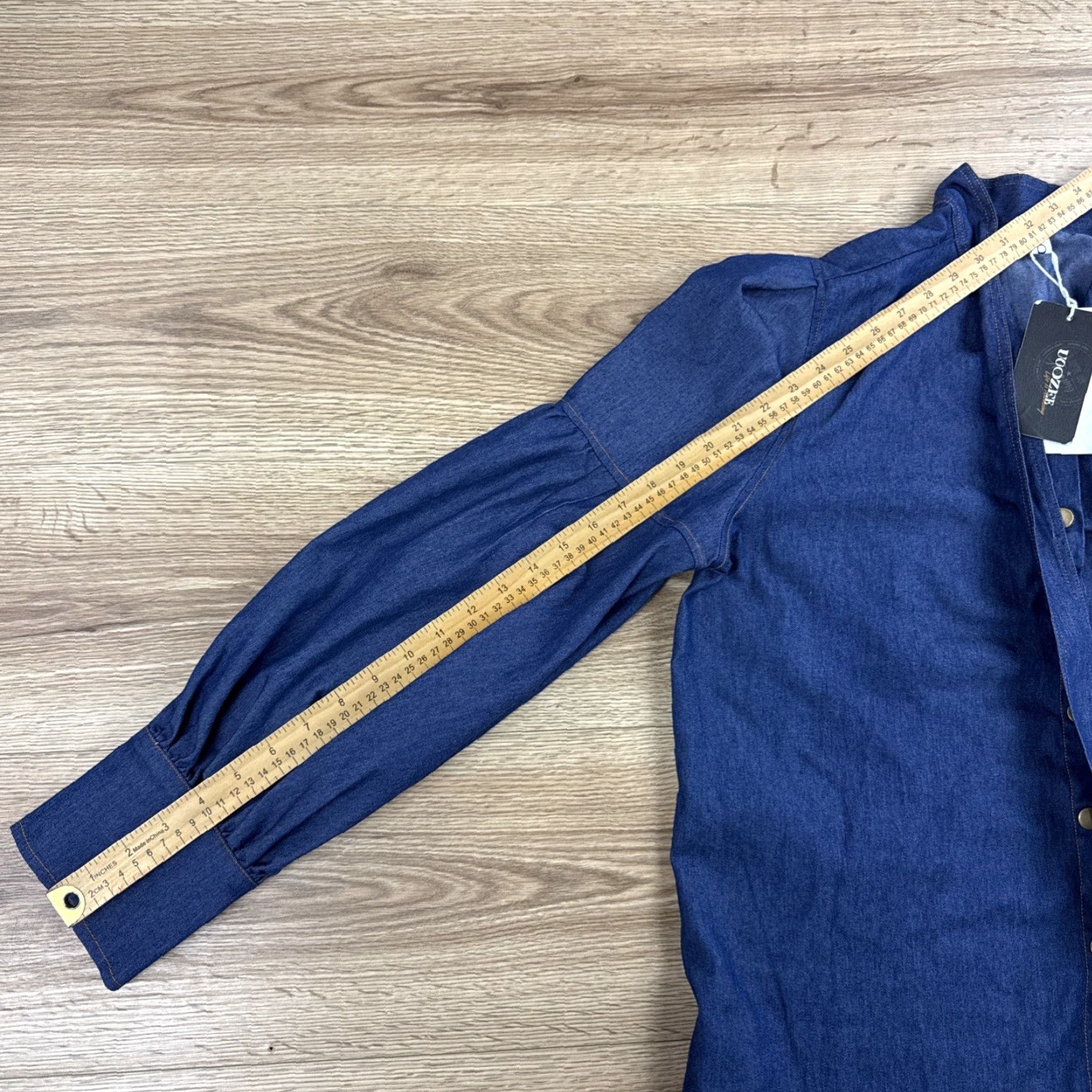 Vintage Uoozee Blouse Puff Sleeve Bow Buttoned Split-Joint High Neck Denim 100% Cotton Sz 3XL Womens Blue Size XXL / US 16-18 / IT 52-54 - 7 Thumbnail