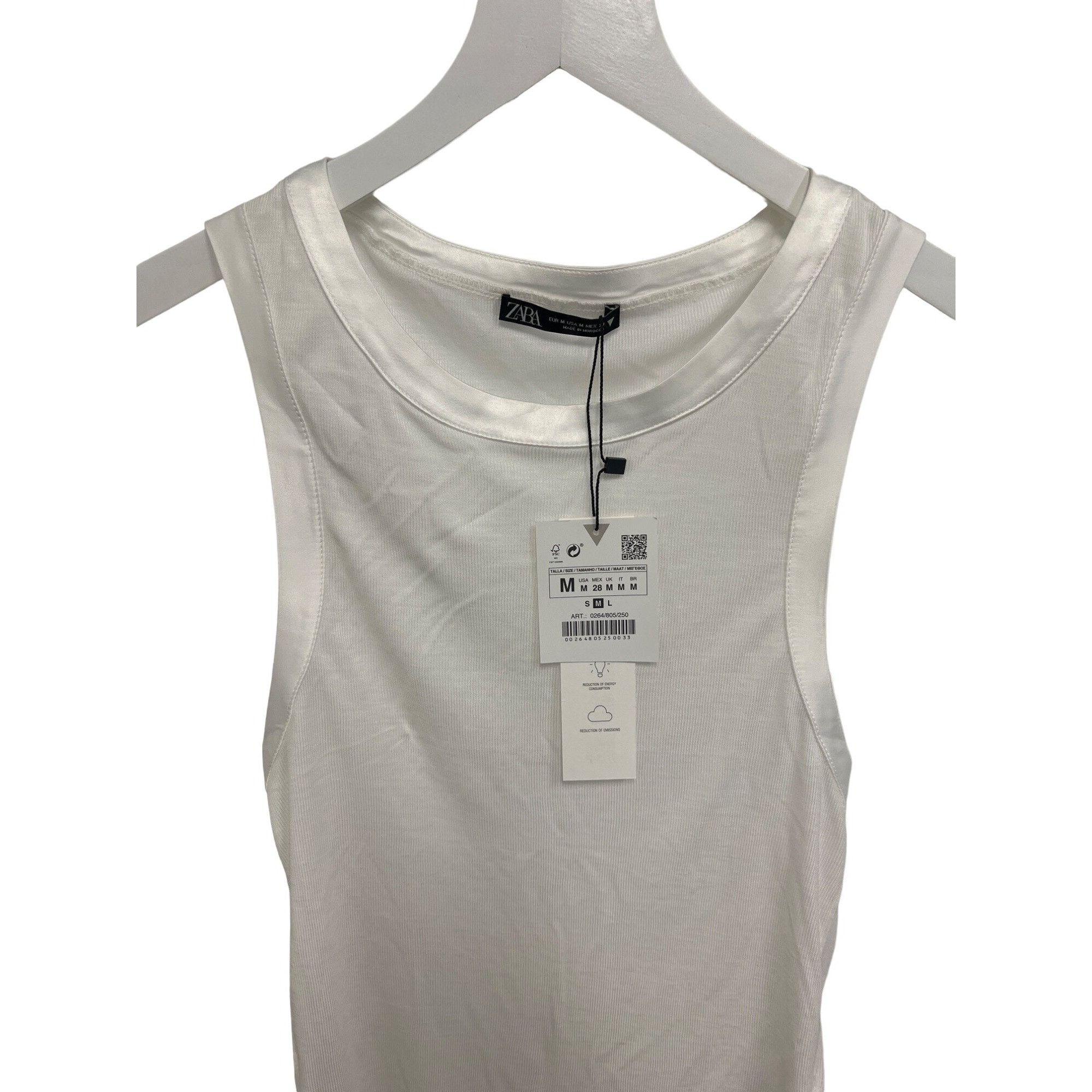 Zara Zara White Ribbed Tank Top With Silky Trim Detail Size M / US 6-8 / IT 42-44 - 4 Thumbnail