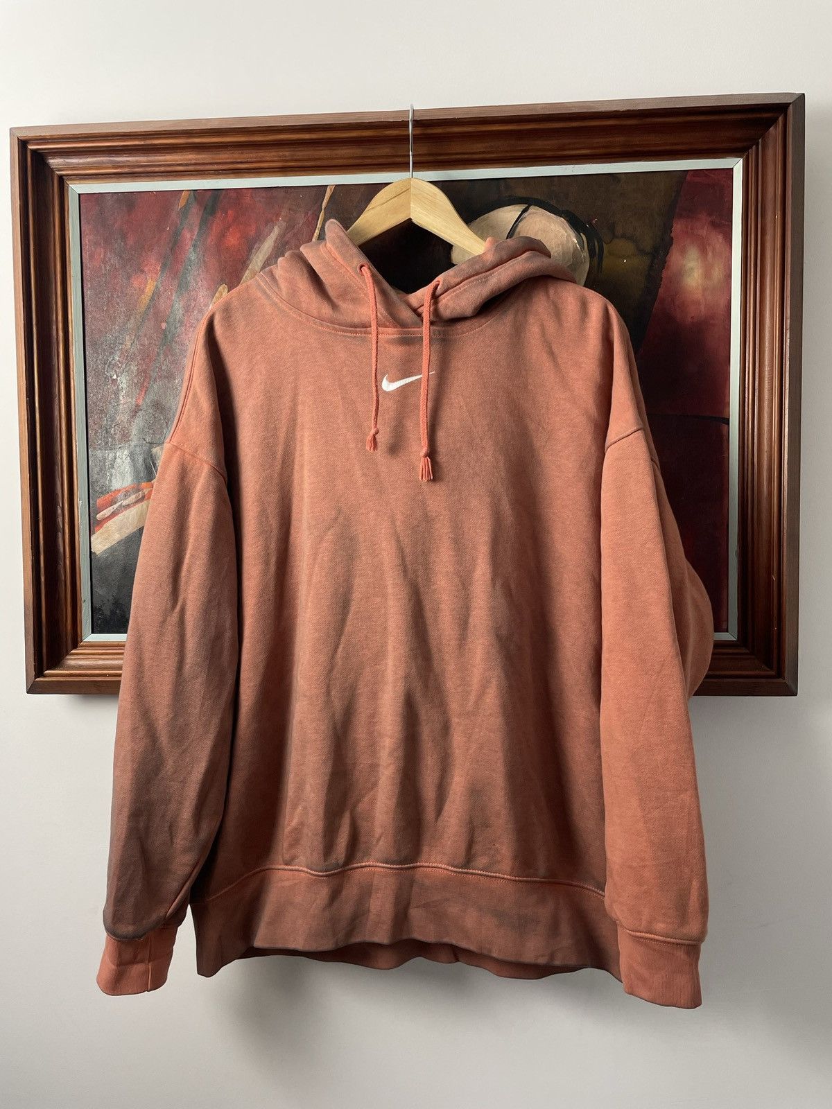 image of Hype x Nike Hoodie Center Swoosh Logo Streetwear Y2K Washed in Washed Orange, Men's (Size Medium)