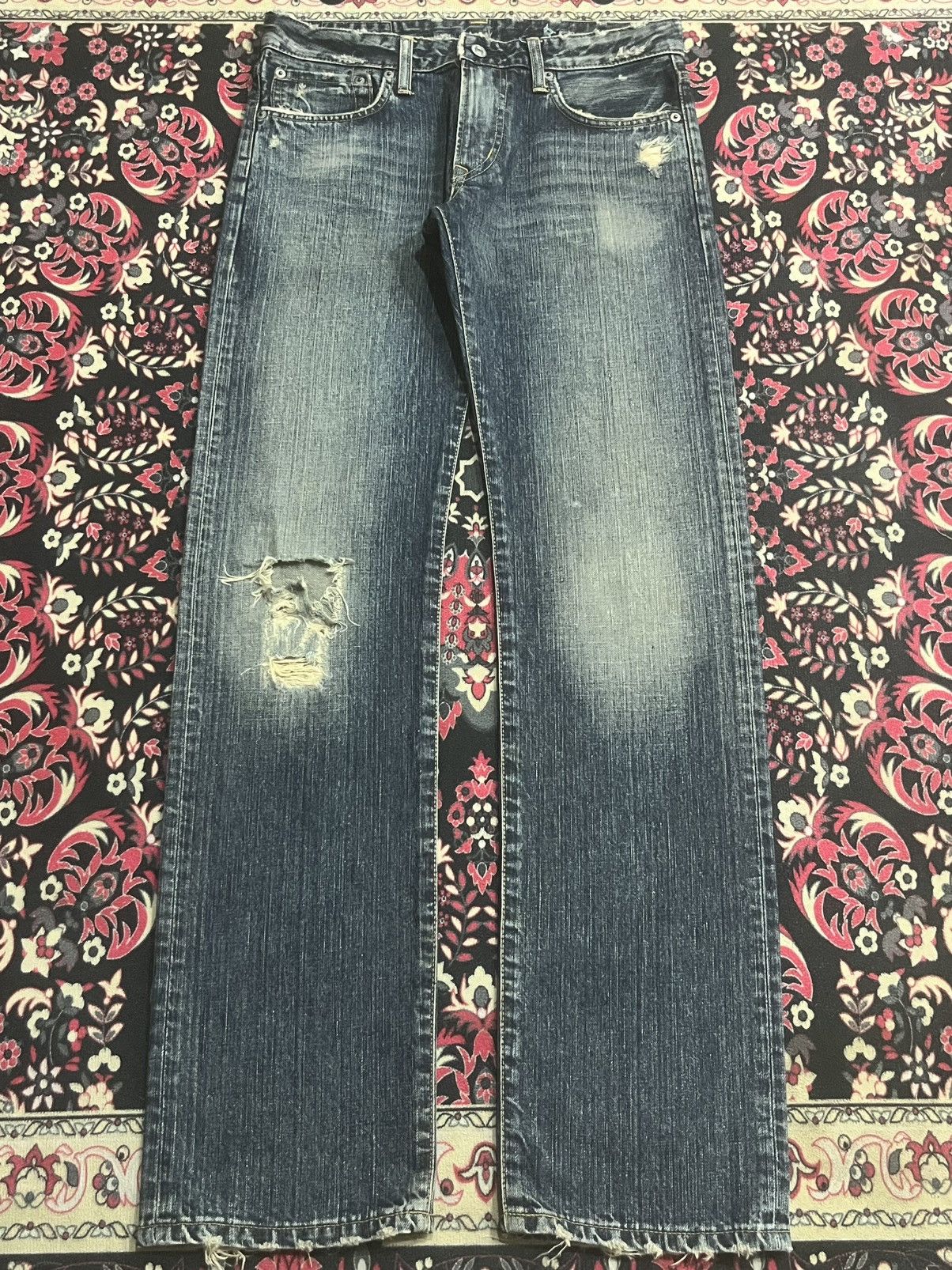 Edwin S02R Japan Blue Washed Distressed Straight Leg Jeans