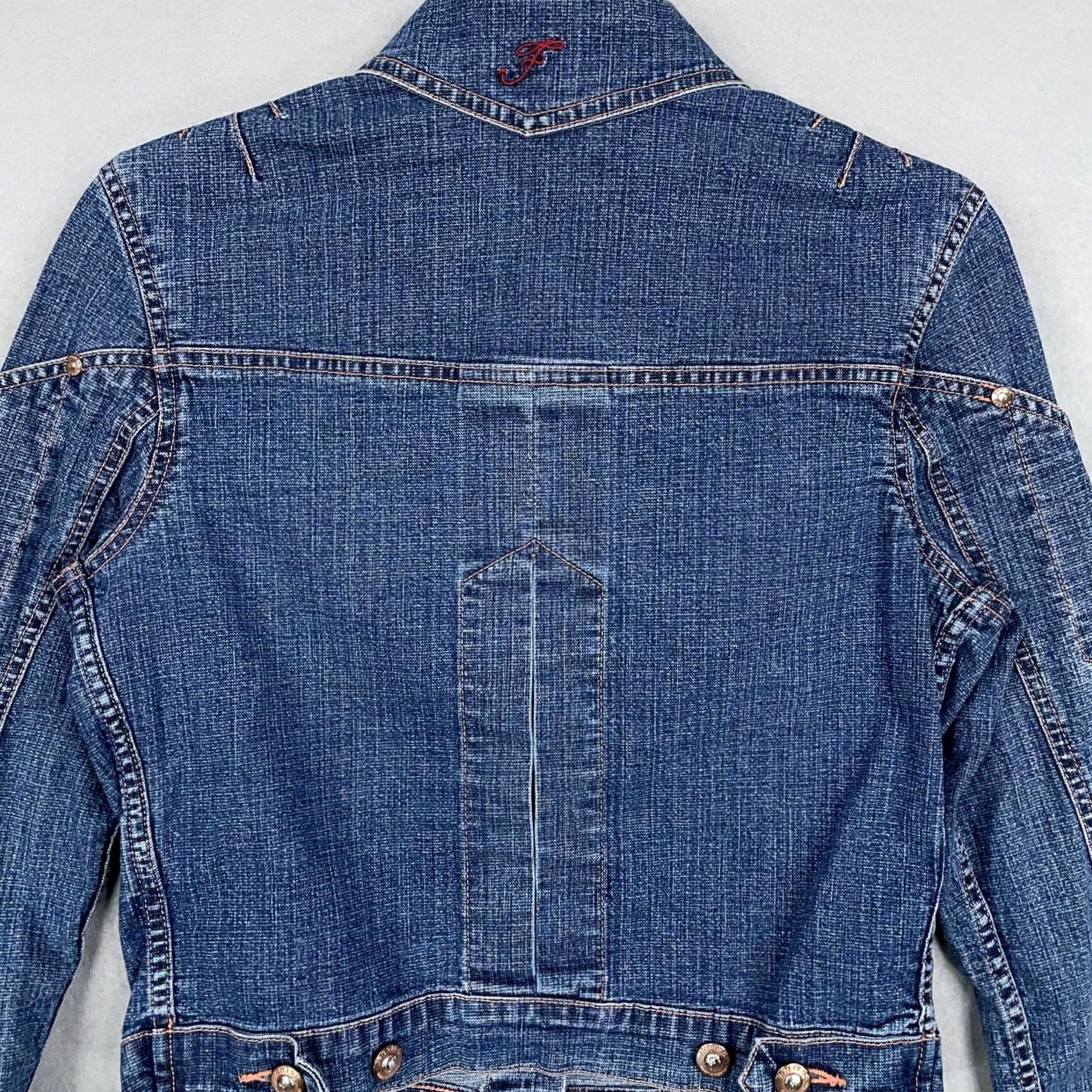 Denime Fetish Denim Jacket Womens Small Blue Jean Fitted Button Front Western Style 90s Casual Mens Womens Girls Boys Size 28" / US 6 / IT 42 - 7 Thumbnail