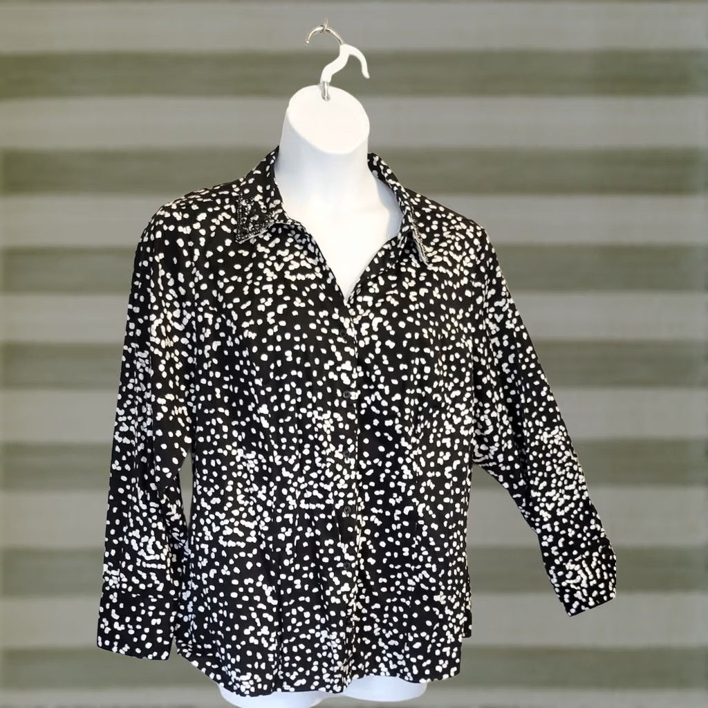Vintage Lane Bryant Button-Up Shirt Blouse Polka Dot 24 2X 3X BlackWhite 3/4 Sleeve Collared Jeweled Collar Plus Size Womens Shirt Size 4XL / US 24-26 - 1 Thumbnail