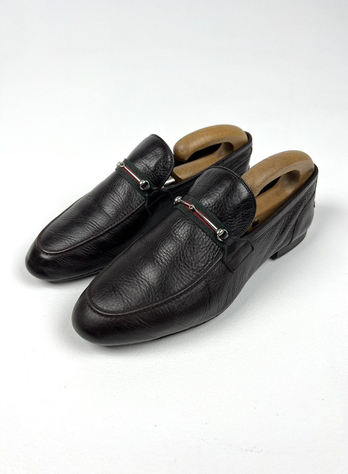 GUCCI Horsebit Web Stripe Leather Loafers Slip Ons