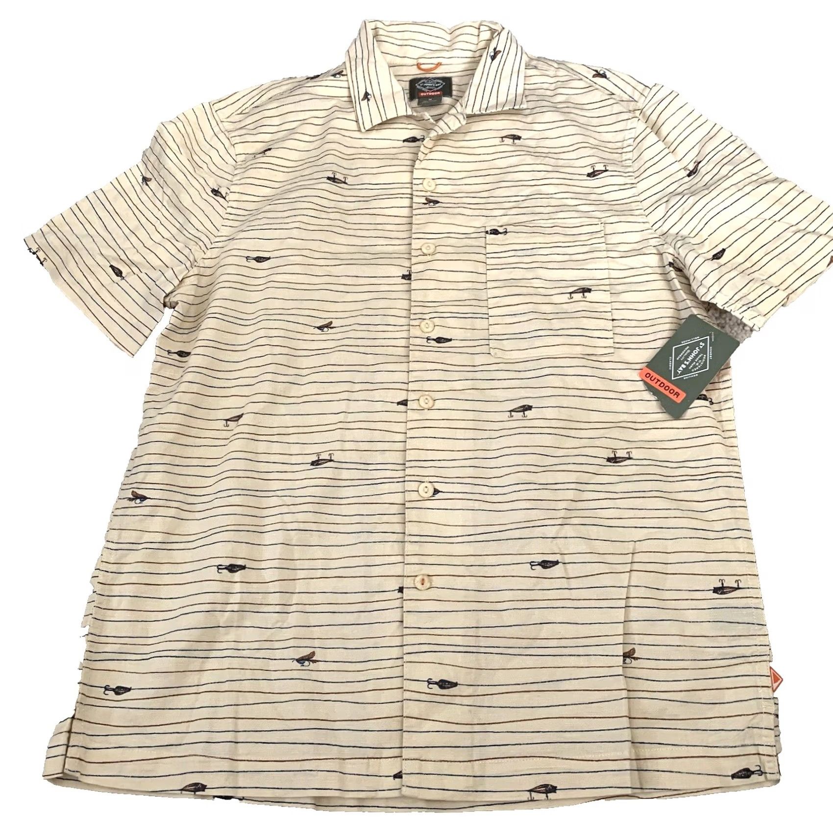 Vintage St Johns Bay Outdoor Camp Shirt Mens Medium Linen Blend Ivory Fishing Lures NEW Size US M / EU 48-50 / 2 - 3 Thumbnail