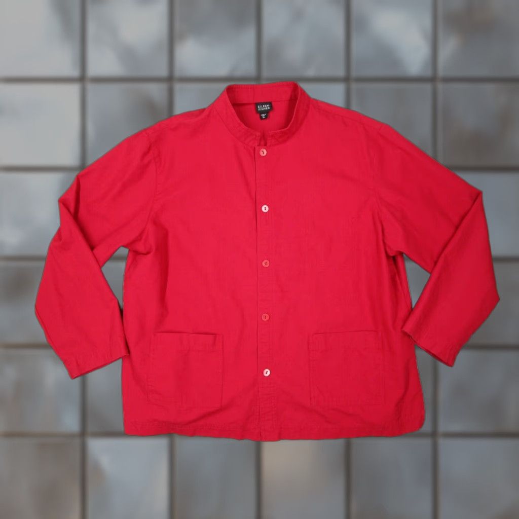 VINTAGE Eileen Fisher Women's Red Long Sleeve Button Up Twill Shirt XL