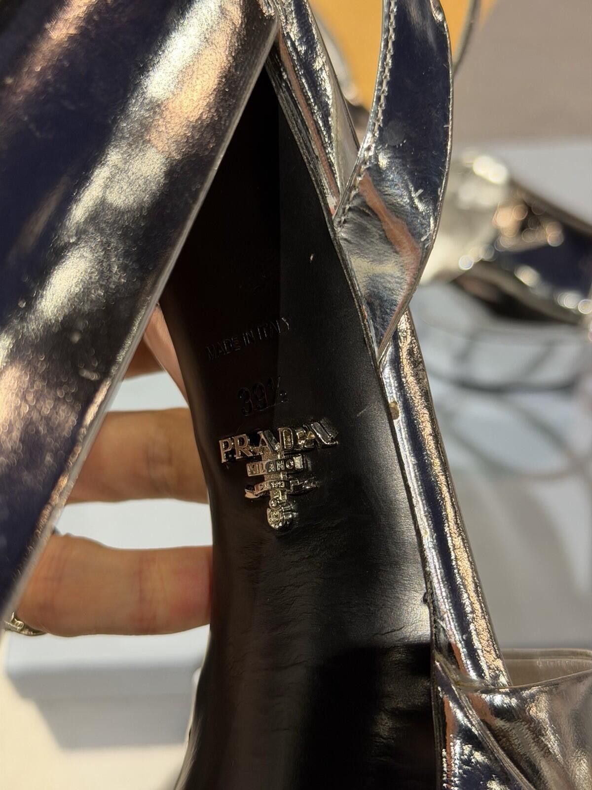 Prada Prada 135mm Metallic Silver Logo Platform Sandal Heel 39.5EU Size US 9.5 / IT 39.5 - 12 Thumbnail