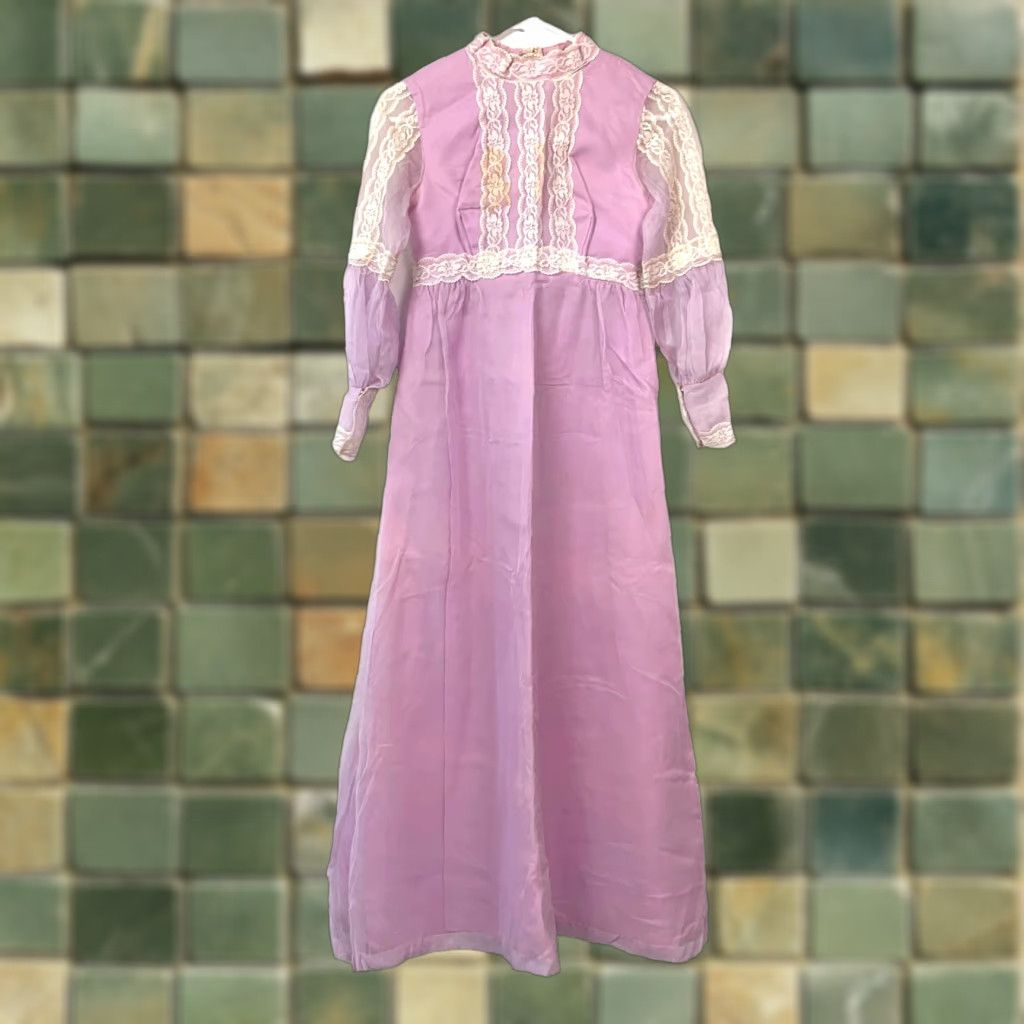 Vintage VINTAGE 60s Purple White Lace Prairie Long Empire Waist Dress Chest 29" Train Size 4XL / US 24-26 - 1 Thumbnail