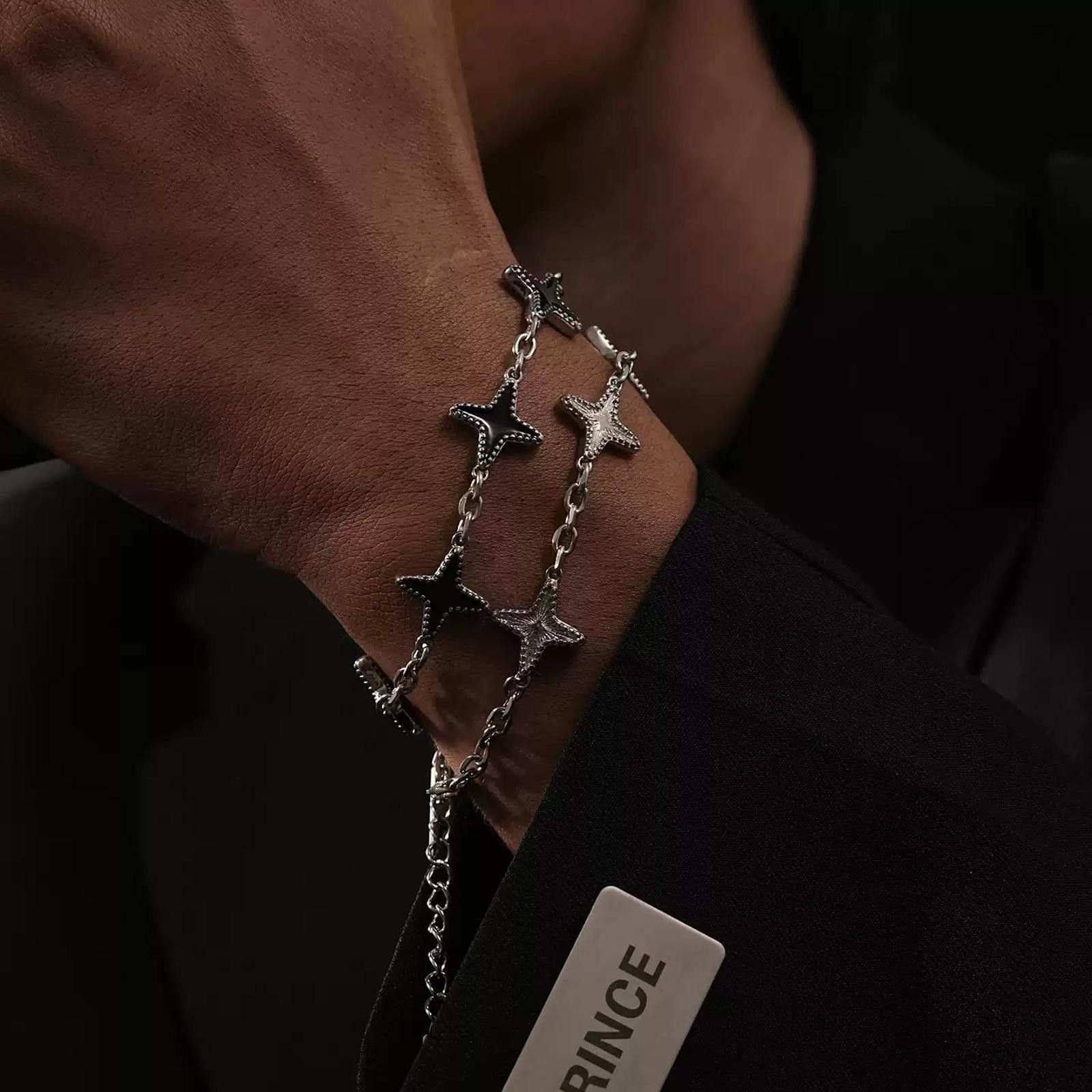 Jewelry Silver and Black Star Link Chain Bracelet, Men's Accessory Size ONE SIZE - 4 Thumbnail