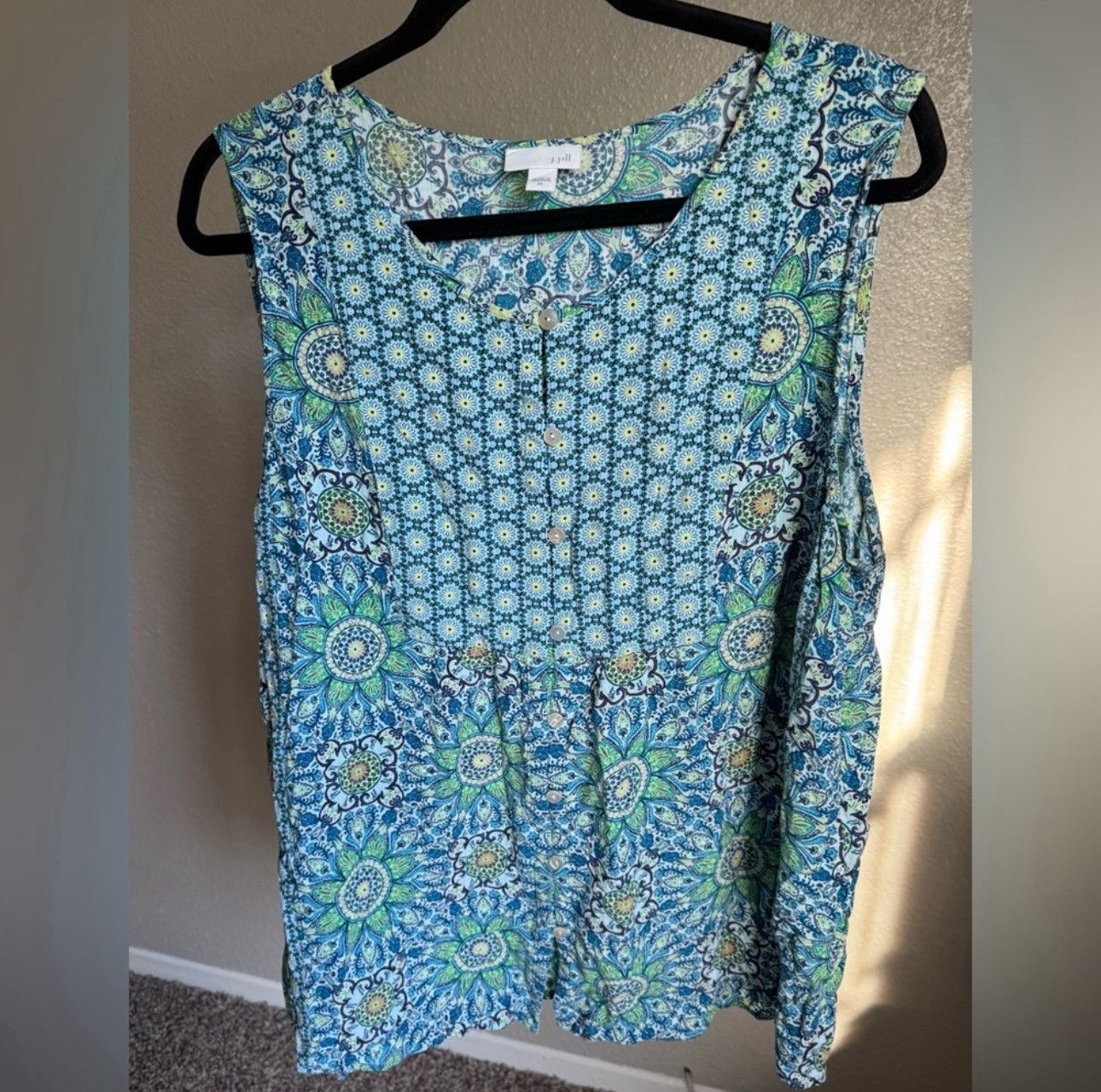 J. Jill J. Jill Blue and Green Sleeveless Lotus Crew Neck Blouse XL Size XL / US 12-14 / IT 48-50 - 1 Thumbnail