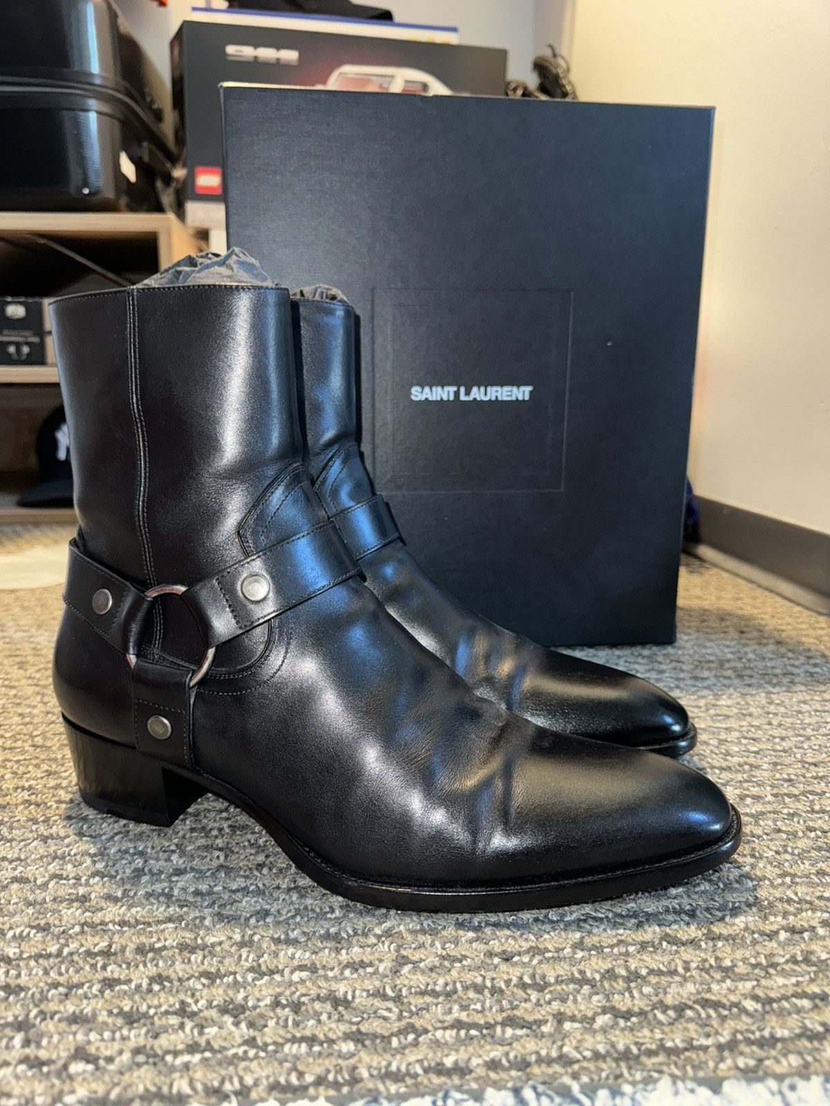 Pre-owned Saint Laurent Wyatt Harness Boots In Black