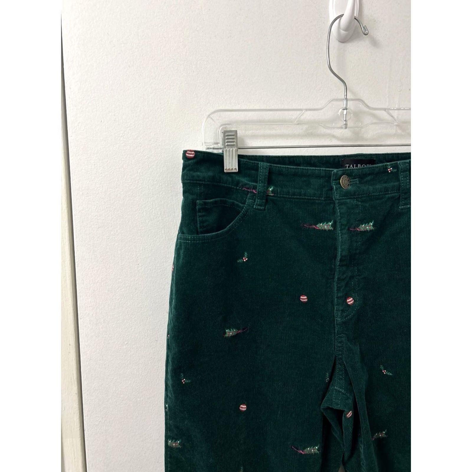 Talbots VINTAGE Talbots Pants Womens 10P Green Corduroy Straight Leg Christmas Embroidered Size 32" / US 10 / IT 46 - 4 Thumbnail