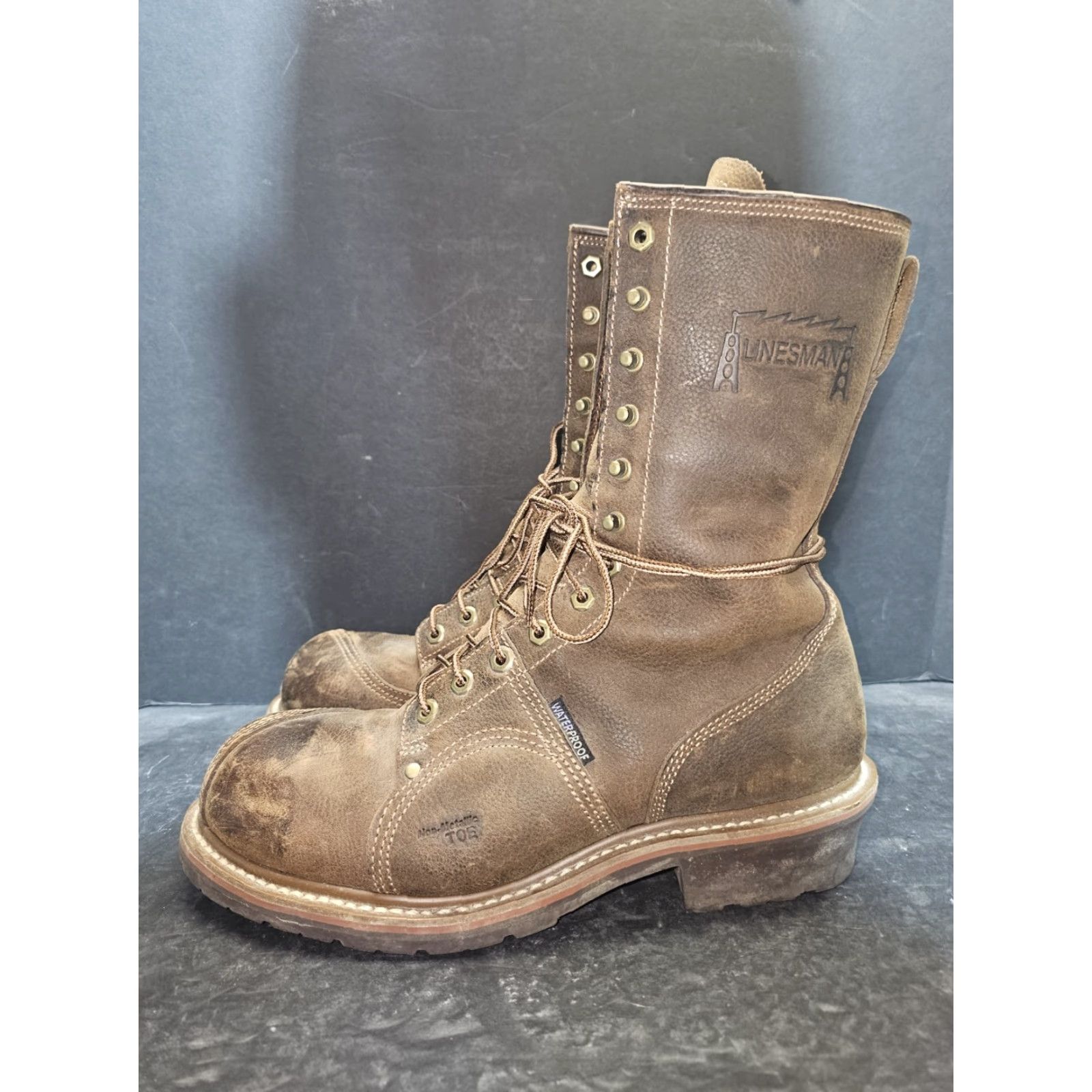 Vintage Carolina CA1904 Linesman Boots Brown Leather Waterproof Composite Toe Men Sz 12D Size US 11 / EU 44 - 3 Thumbnail