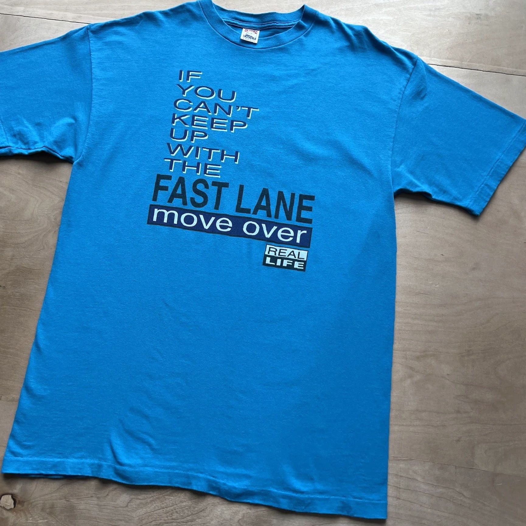 Alife Vintage Real Life Fast Lane Shirt XL Blue 90s Sportswear Quote Running Promo Mens T-Shirt Size US XL / EU 56 / 4 - 8 Thumbnail