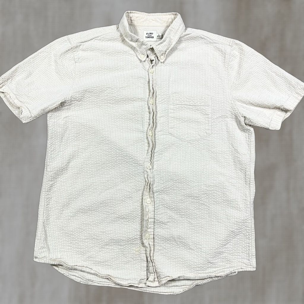 Flint And Tinder Flint And Tender Shirt Men L Beige Striped Button-Up Collared Cotton Seersucker Casual Workwear Knitwear Not Included? Size US L / EU 52-54 / 3 - 1 Thumbnail
