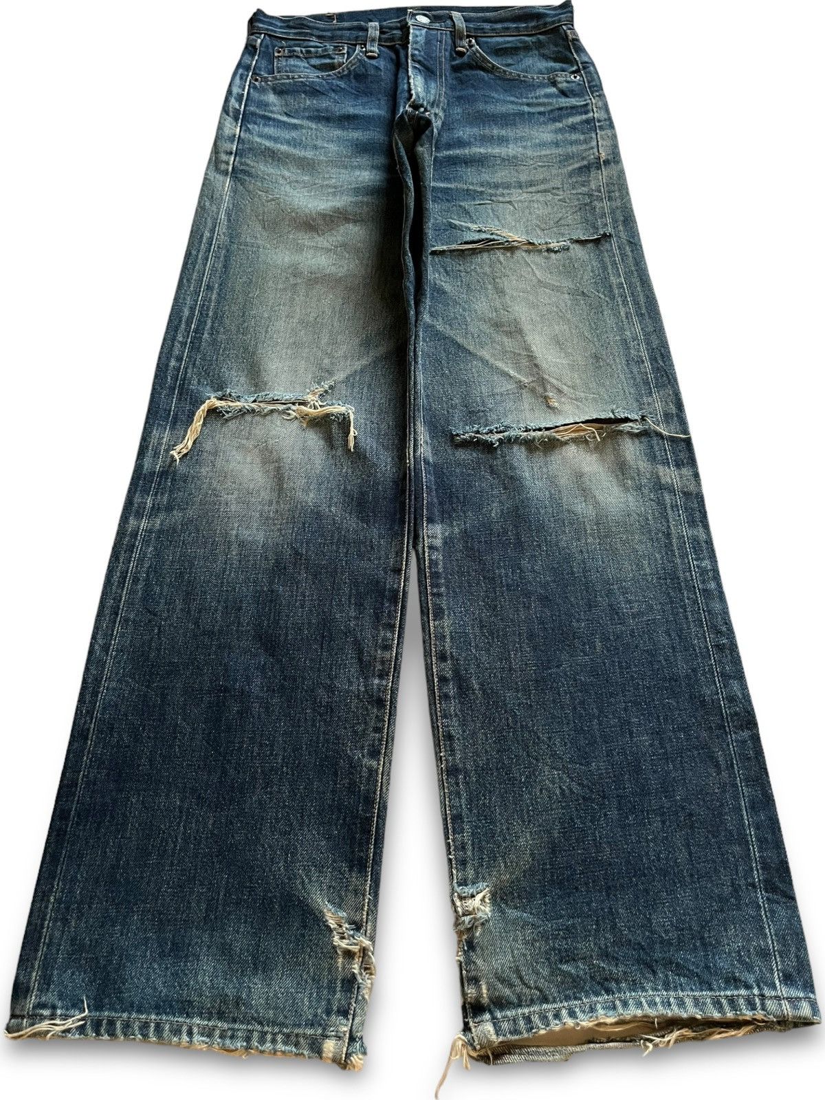 image of Distressed Denim Vintage Japanese Bobson 511 Mud Wash Distressed Baggy Jeans in Blue (Size 29)
