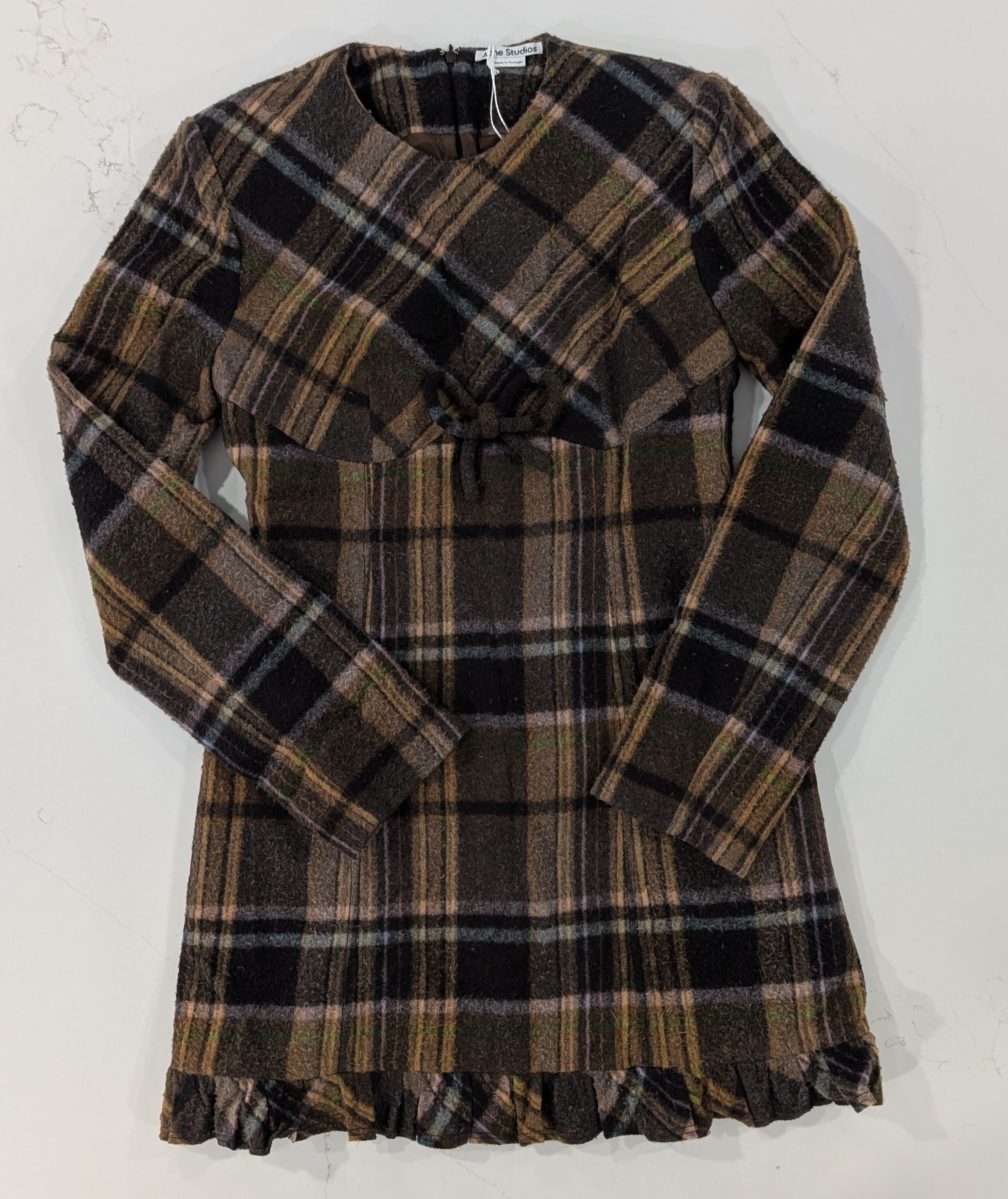 Acne Studios Acne Studios Delfin Plaid Wool Mini Dress Brown Ruffle Hem Size S / US 4 / IT 40 - 1 Thumbnail