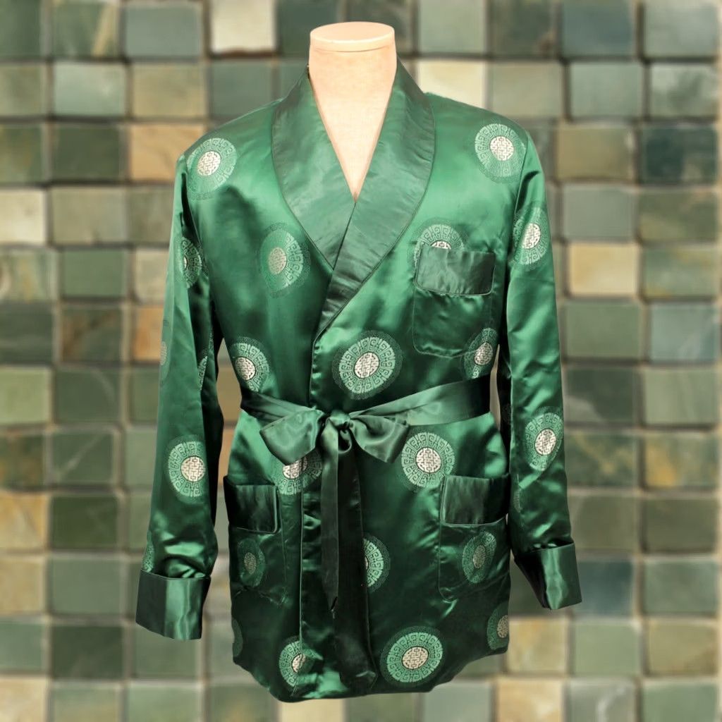 VINTAGE Green Chinese Smoking Jacket Robe 50s L-XL Satin Rayon Brocade Mens