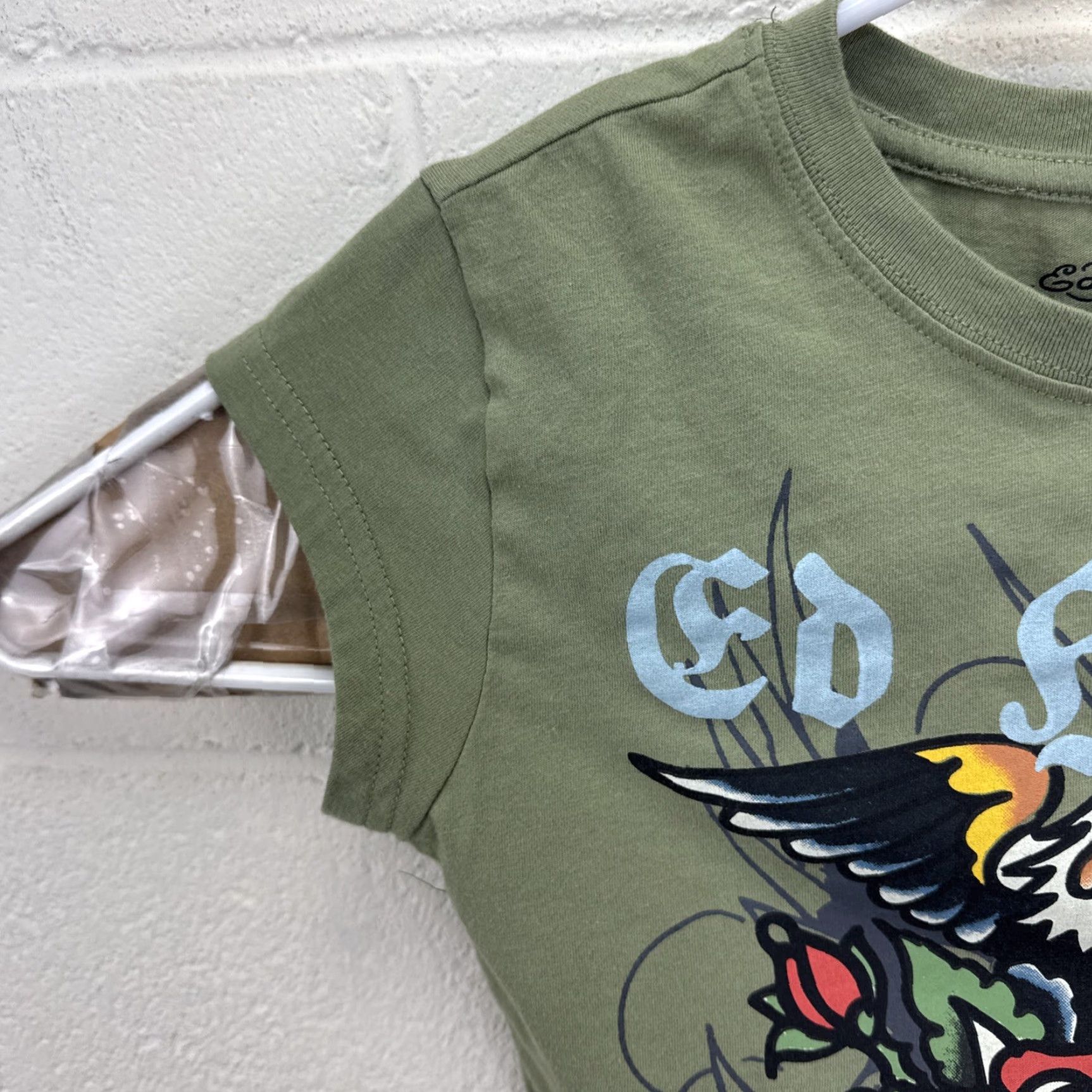 Ed Hardy VINTAGE Ed Hardy Eagle Tattoo Graphic Y2K Army Green Don Ed Hardy Women’s Small T-Shirt Cropped Short Sleeve Slim Fit Crew Neck Size S / US 4 / IT 40 - 5 Thumbnail