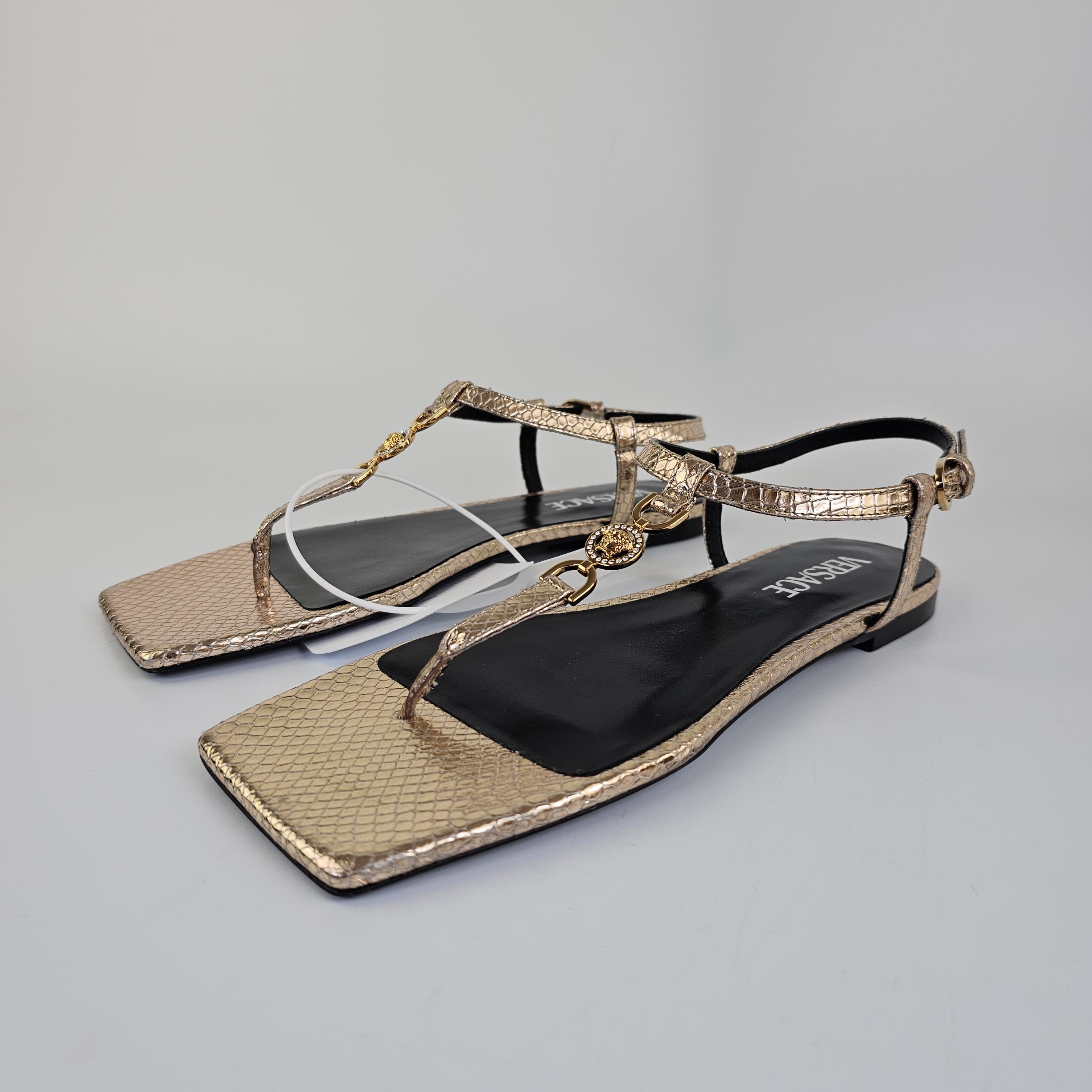 Versace Medusa '95 Gold Leather Flat Sandals New