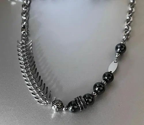 Jewelry Silver Chain Men's Necklace with Beaded and Leaf Design Size ONE SIZE - 4 Thumbnail