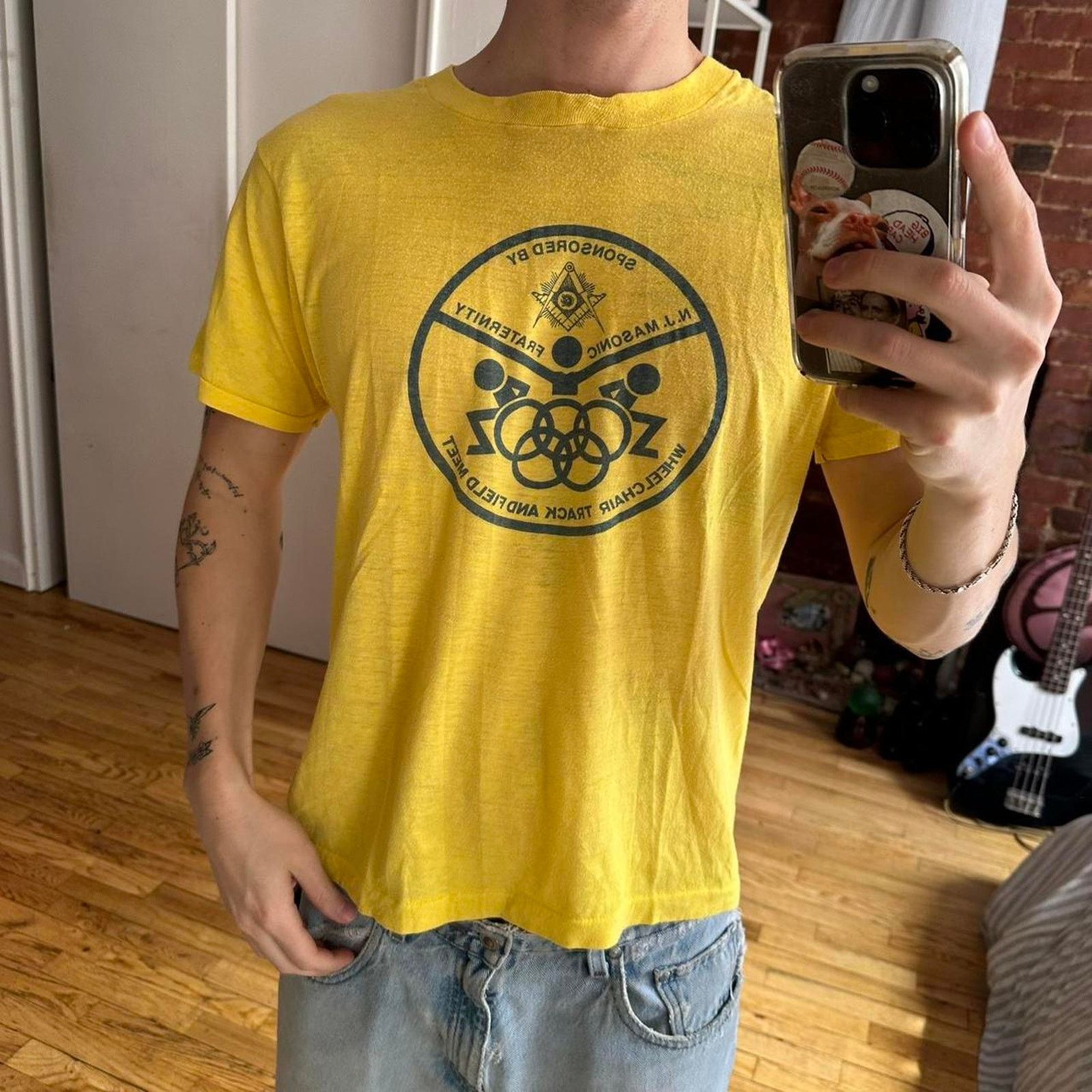 Vintage Vintage 70s Yellow Wheelchair Track and Field Frat Tee Size US L / EU 52-54 / 3 - 8 Thumbnail